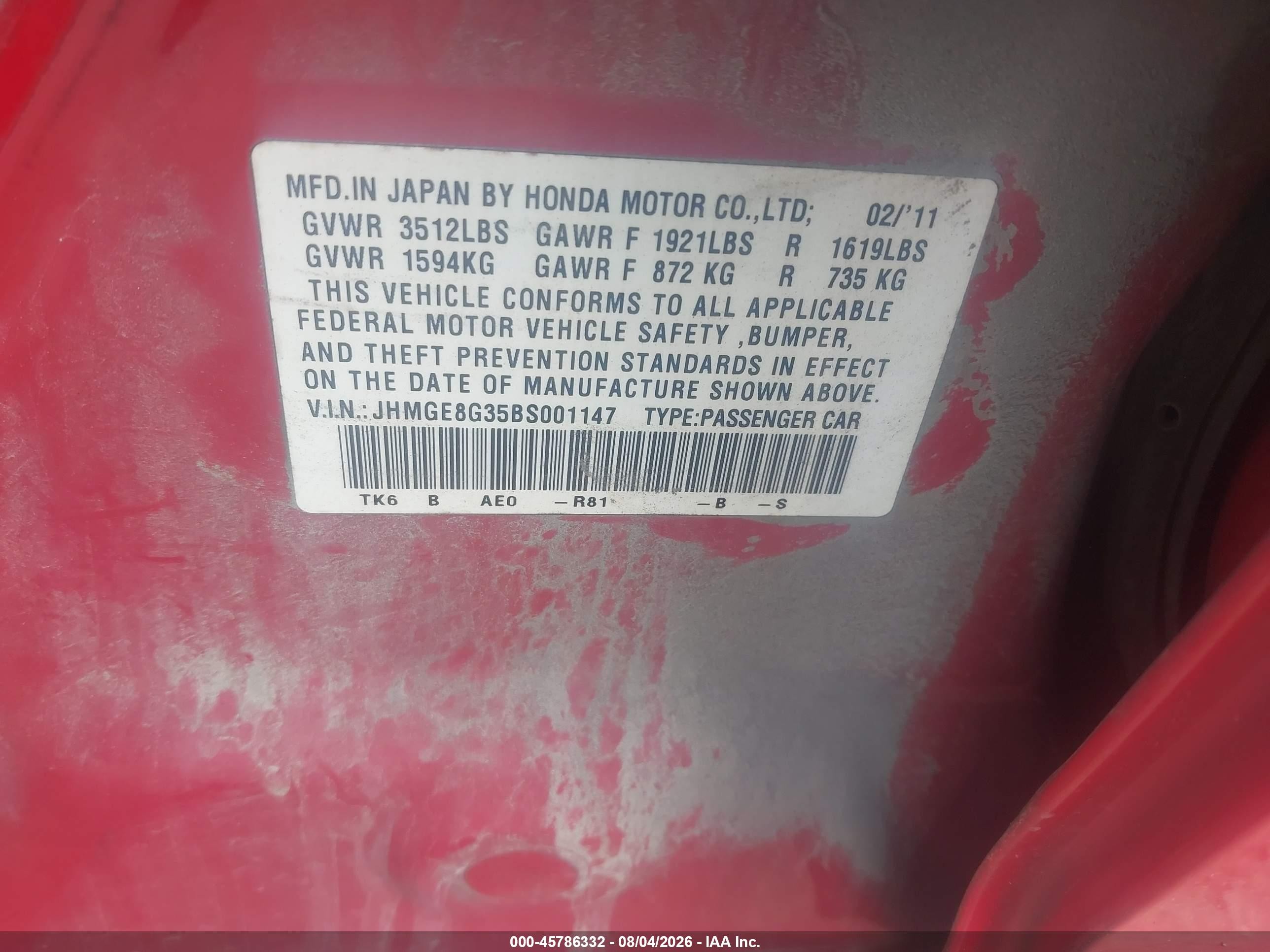 2011 Honda Fit   Red vin: JHMGE8G35BS001147