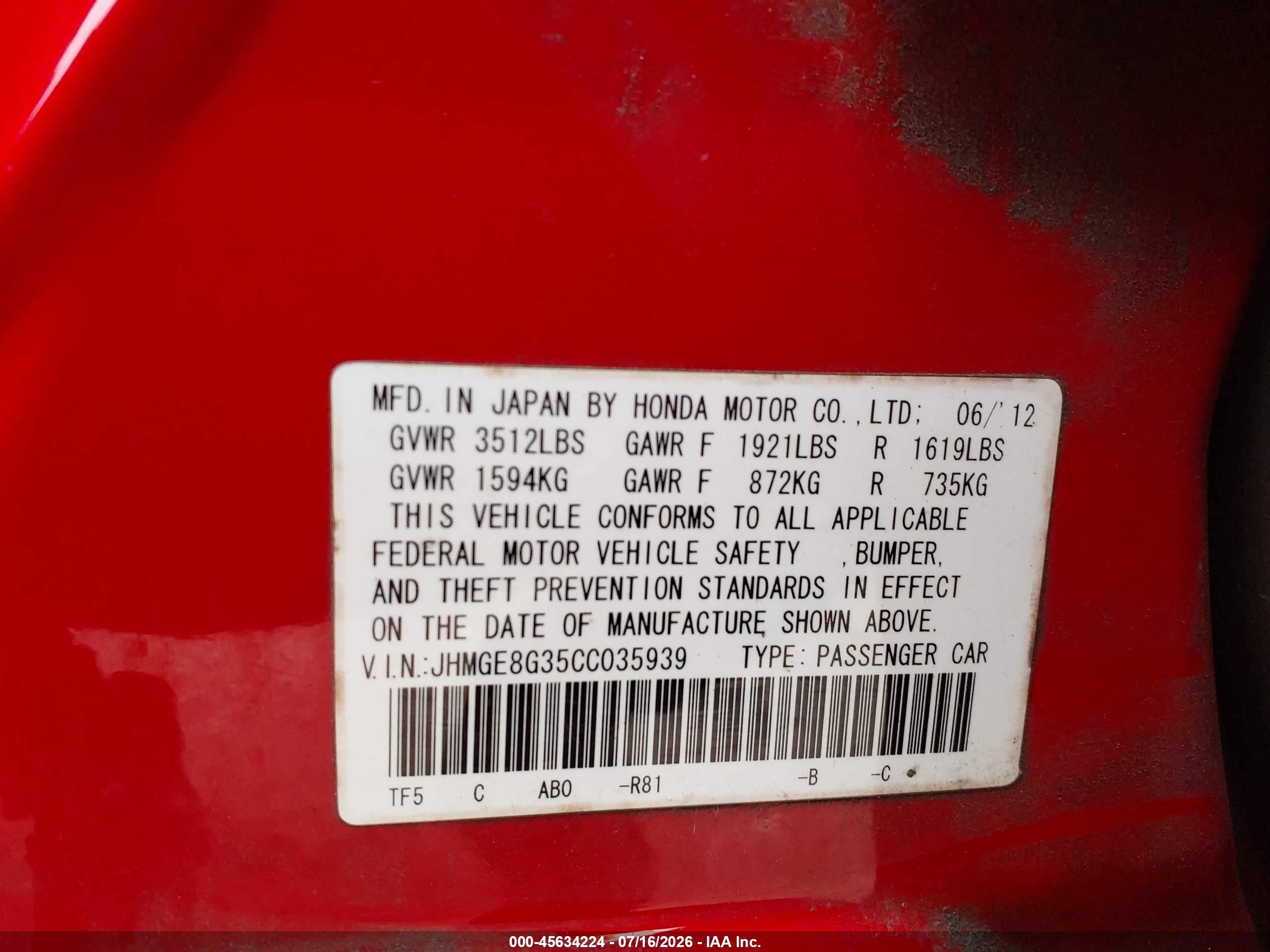 2012 Honda Fit   Red vin: JHMGE8G35CC035939