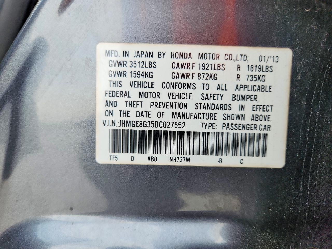 2013 Honda Fit Gray vin: JHMGE8G35DC027552