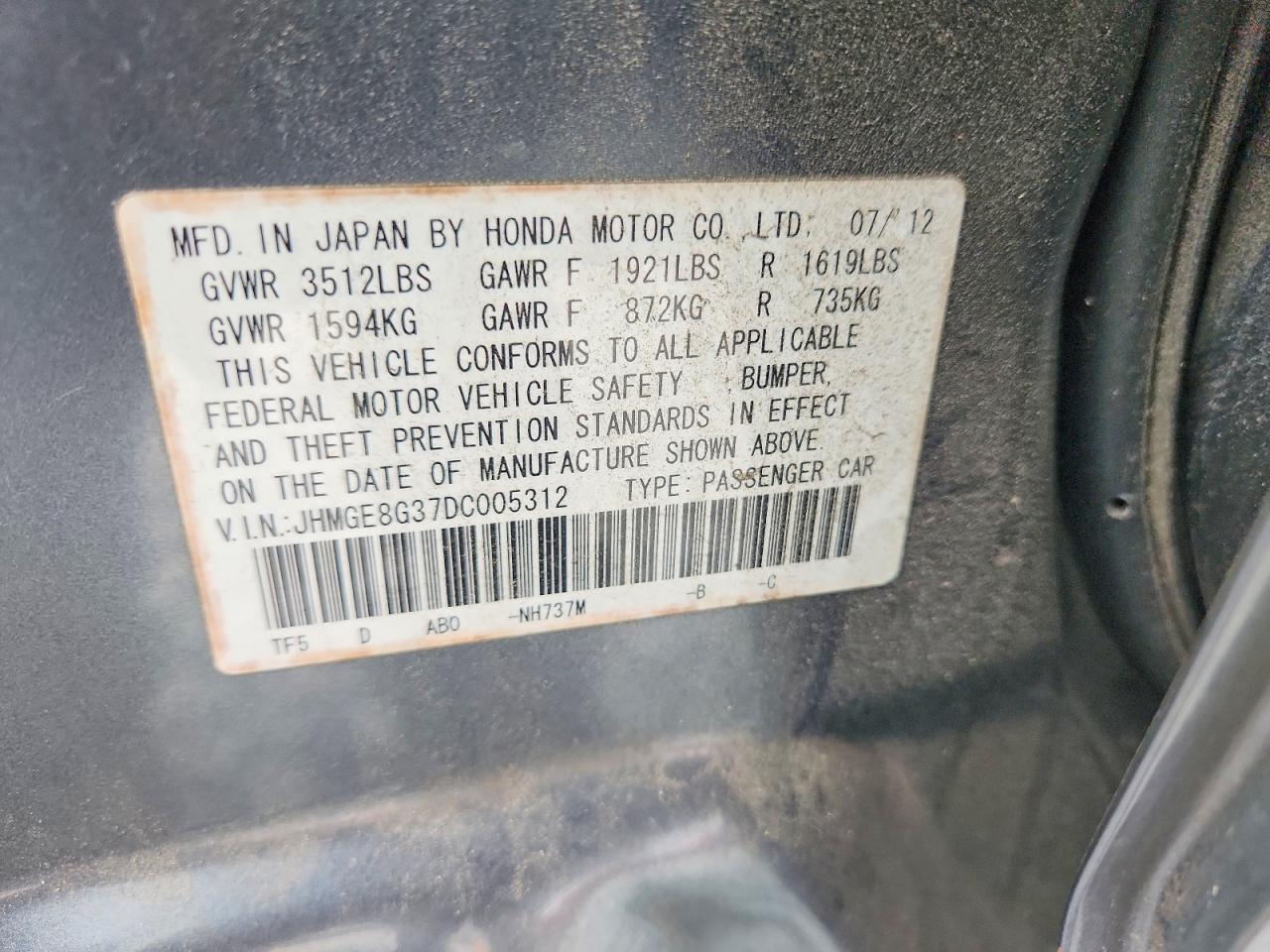 2013 Honda Fit Gray vin: JHMGE8G37DC005312