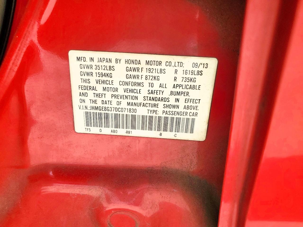 2013 Honda Fit Red vin: JHMGE8G37DC071830
