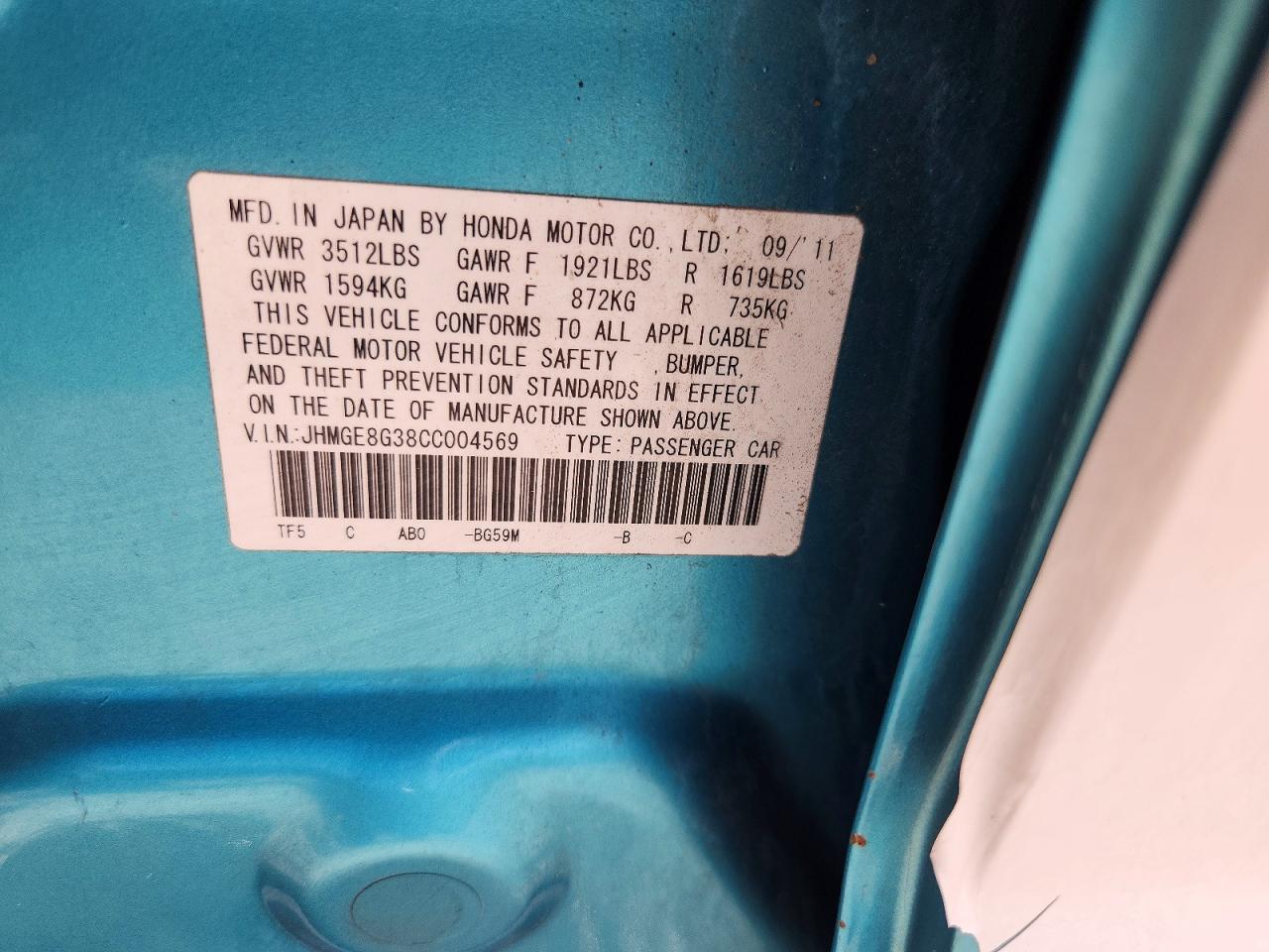 2012 Honda Fit Turquoise vin: JHMGE8G38CC004569