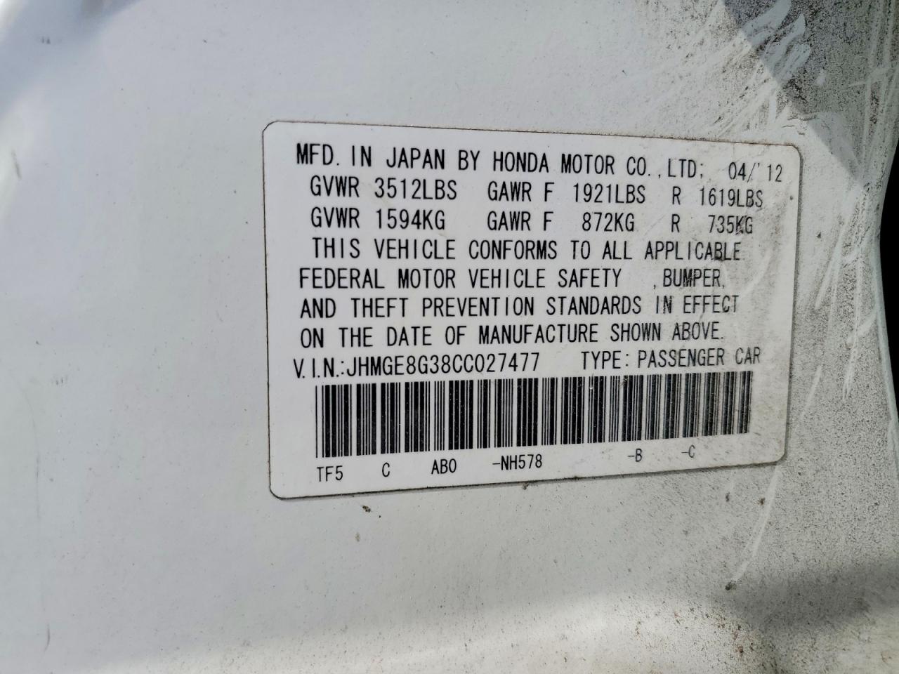2012 Honda Fit White vin: JHMGE8G38CC027477