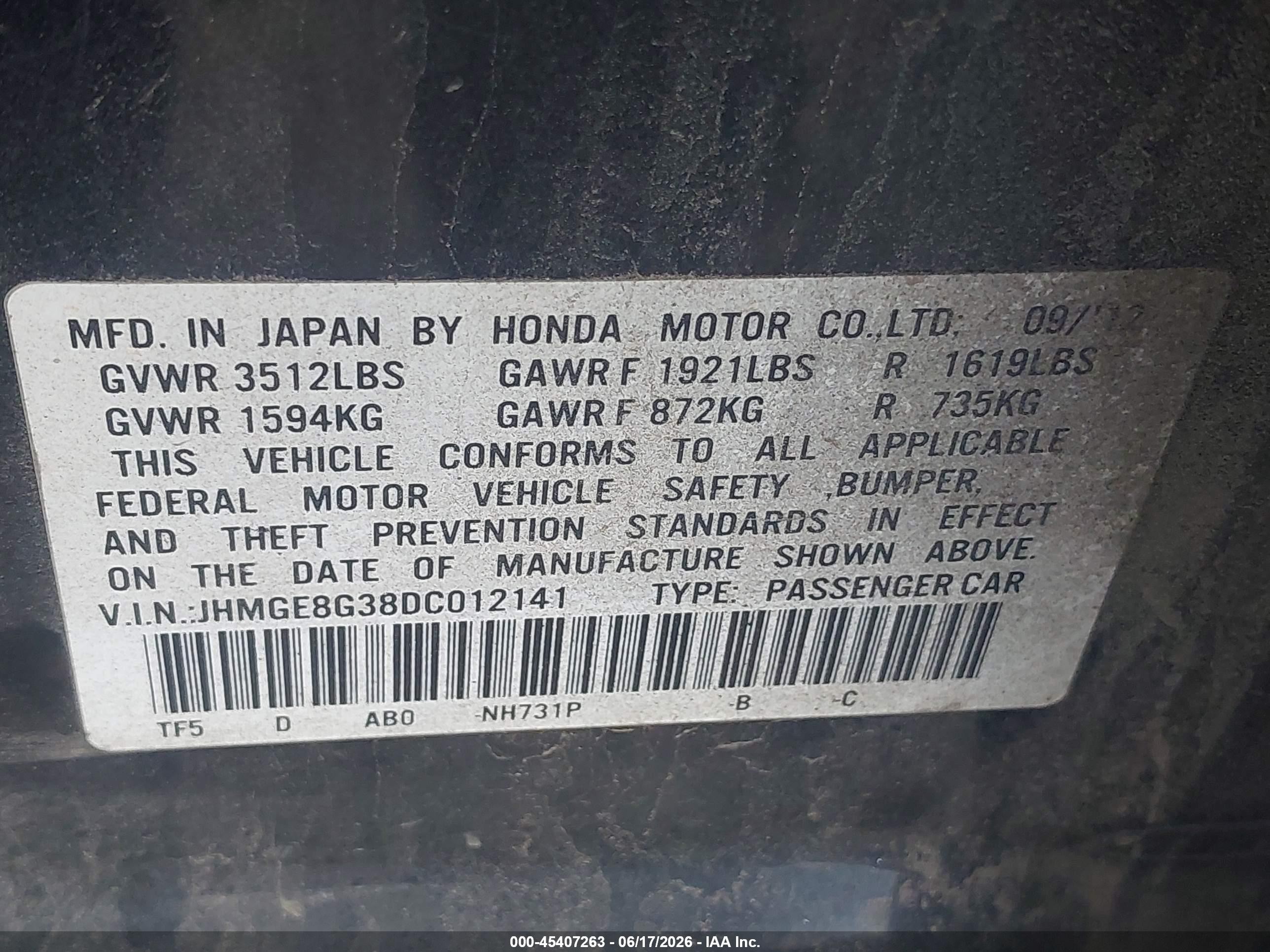 2013 Honda Fit   Black vin: JHMGE8G38DC012141