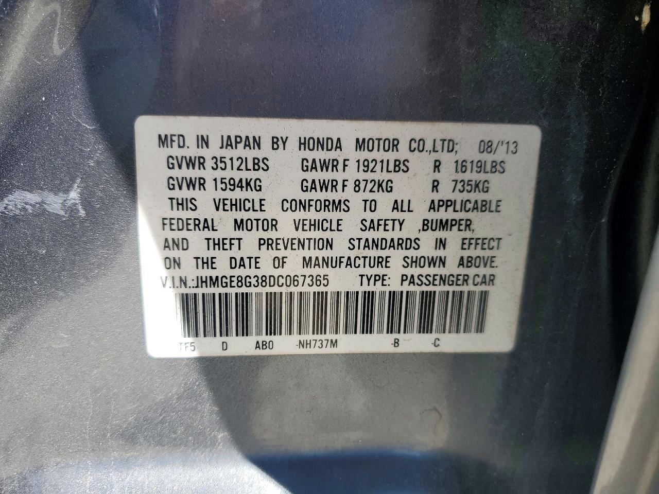 2013 Honda Fit Gray vin: JHMGE8G38DC067365