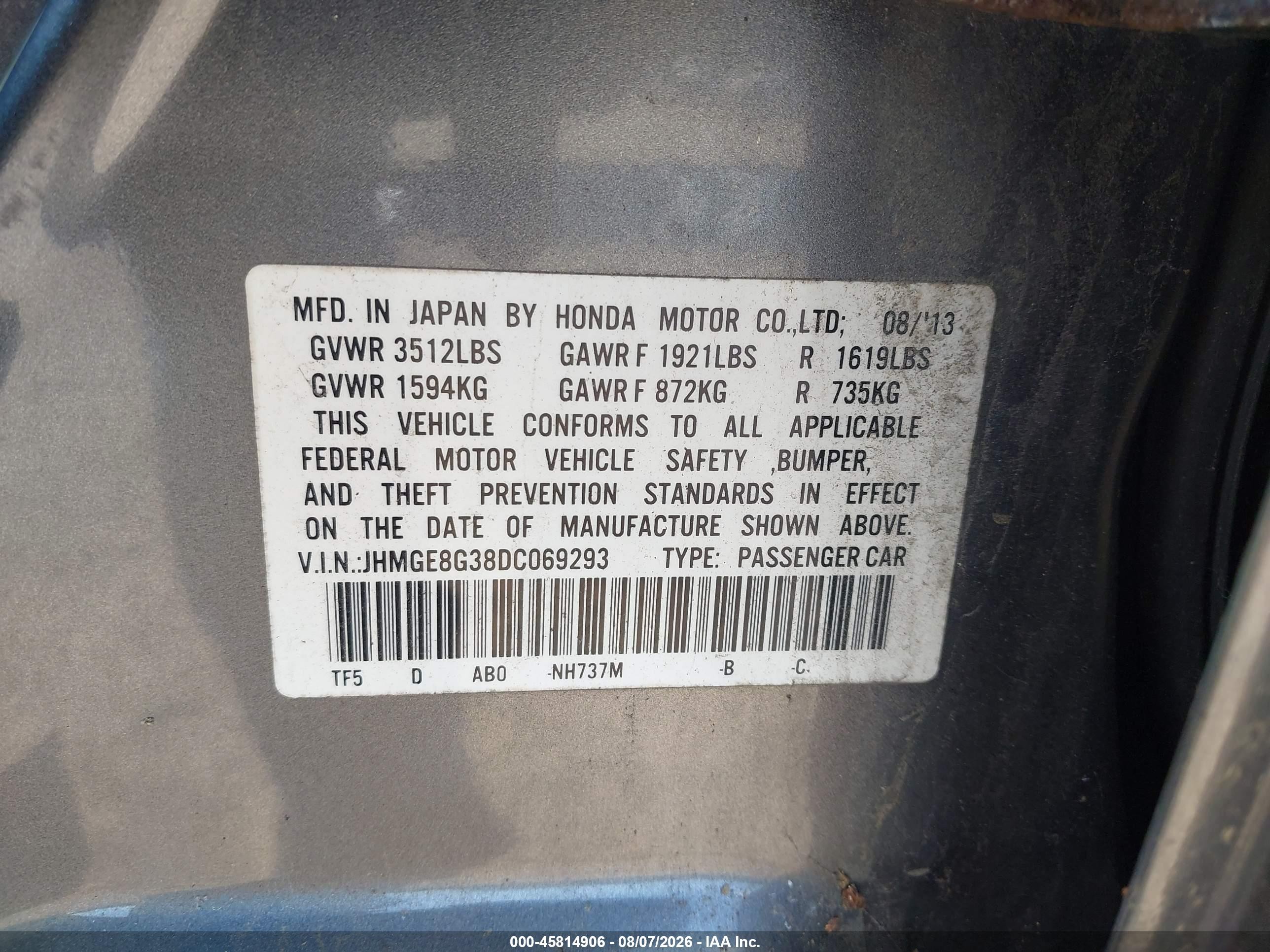 2013 Honda Fit   Серый vin: JHMGE8G38DC069293