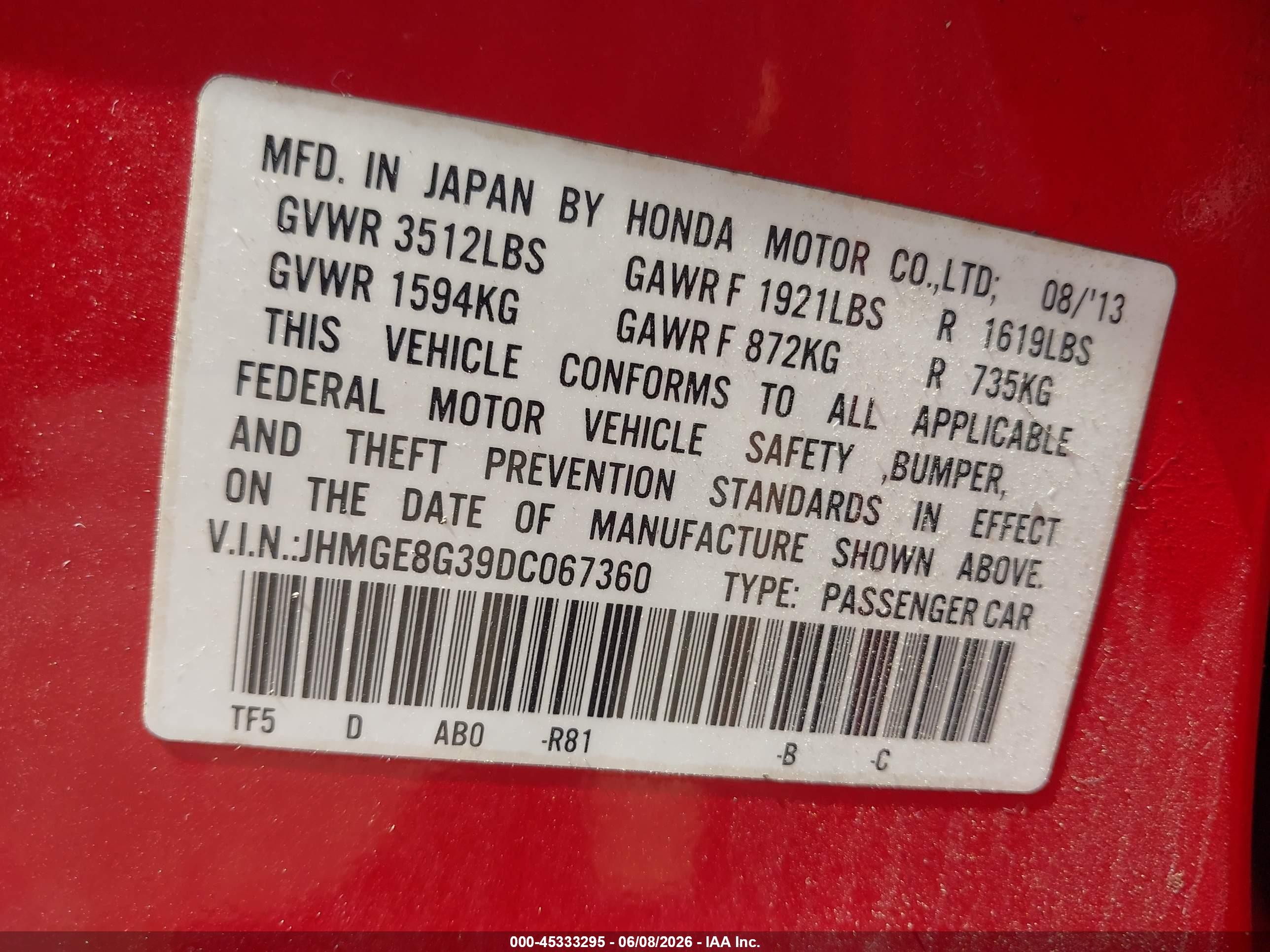 2013 Honda Fit   Red vin: JHMGE8G39DC067360