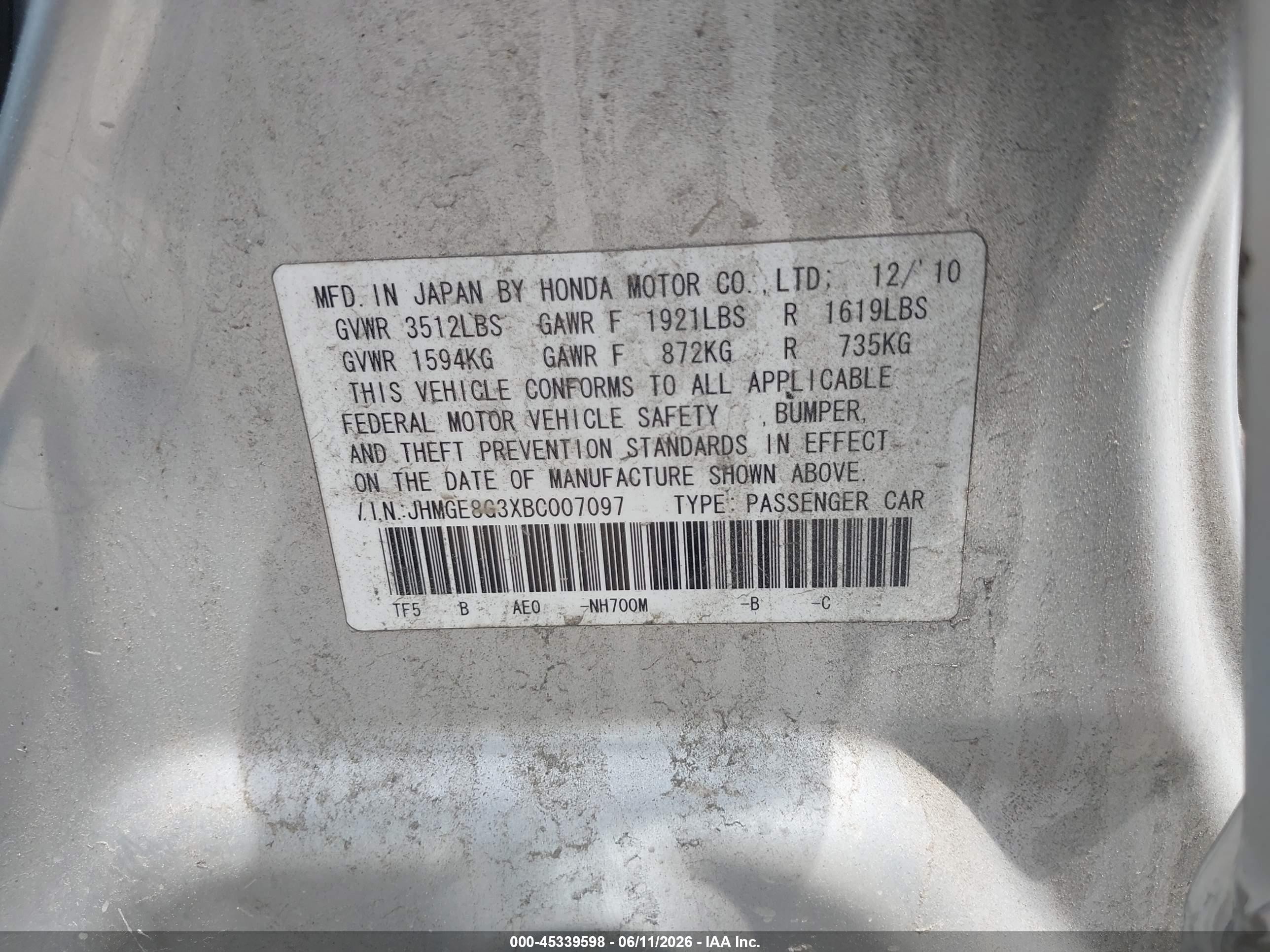2011 Honda Fit   Silver vin: JHMGE8G3XBC007097