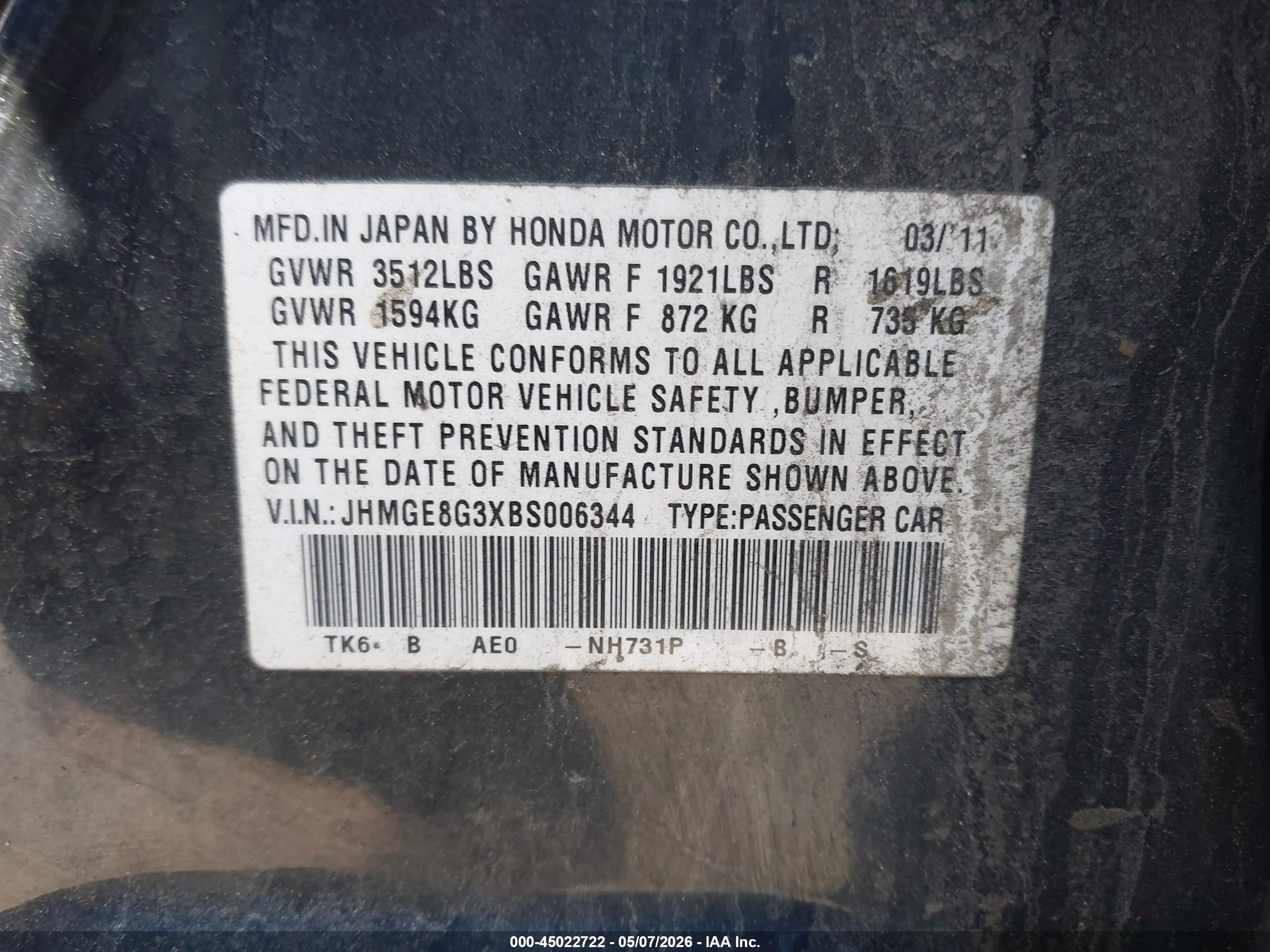 2011 Honda Fit   Black vin: JHMGE8G3XBS006344
