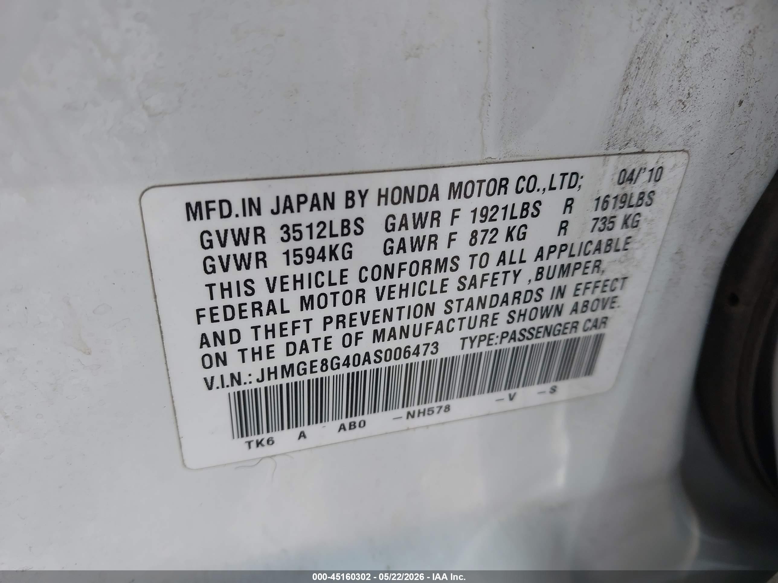 2010 Honda Fit Sport Белый vin: JHMGE8G40AS006473