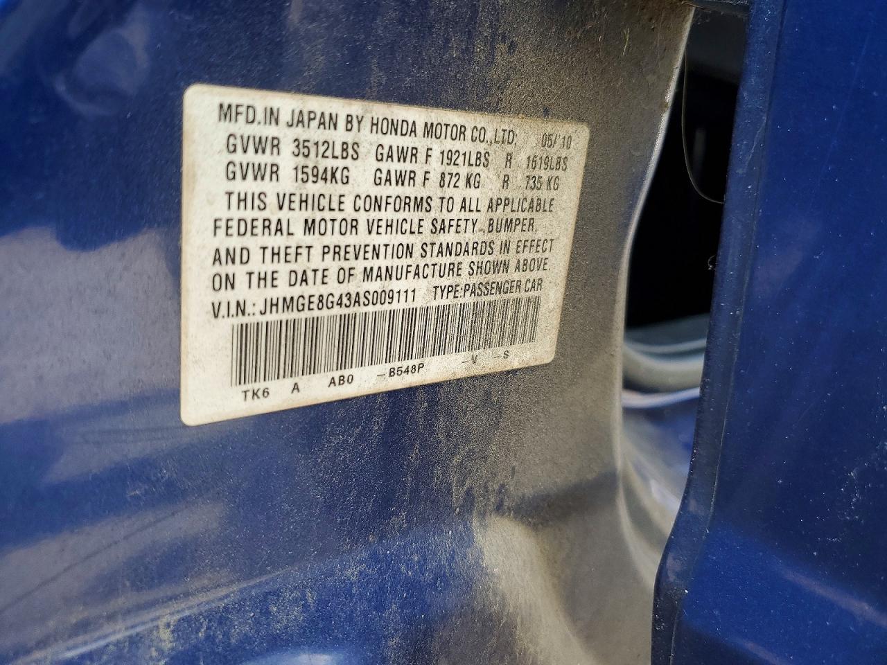 2010 Honda Fit Sport Blue vin: JHMGE8G43AS009111