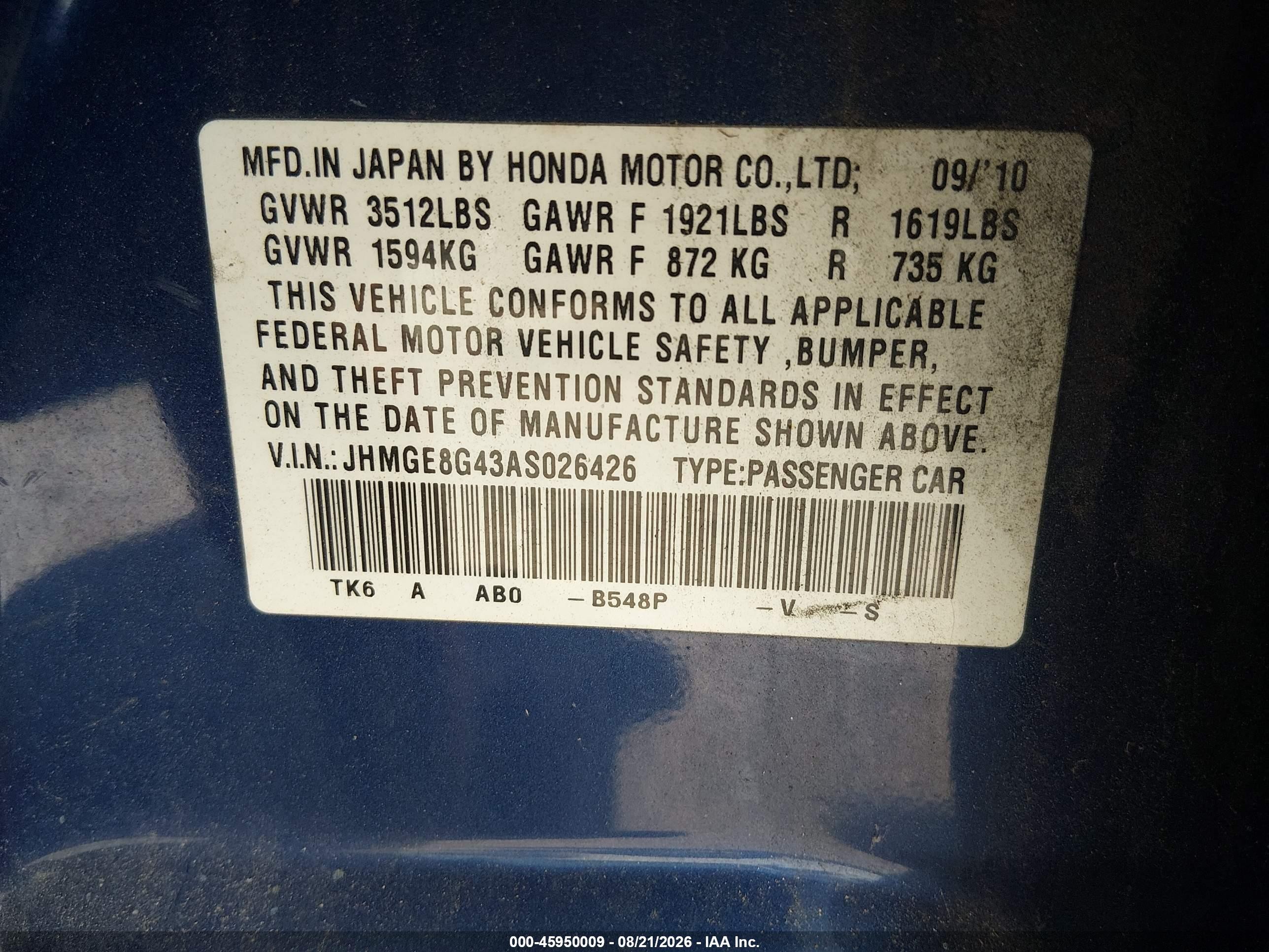 2010 Honda Fit Sport Blue vin: JHMGE8G43AS026426