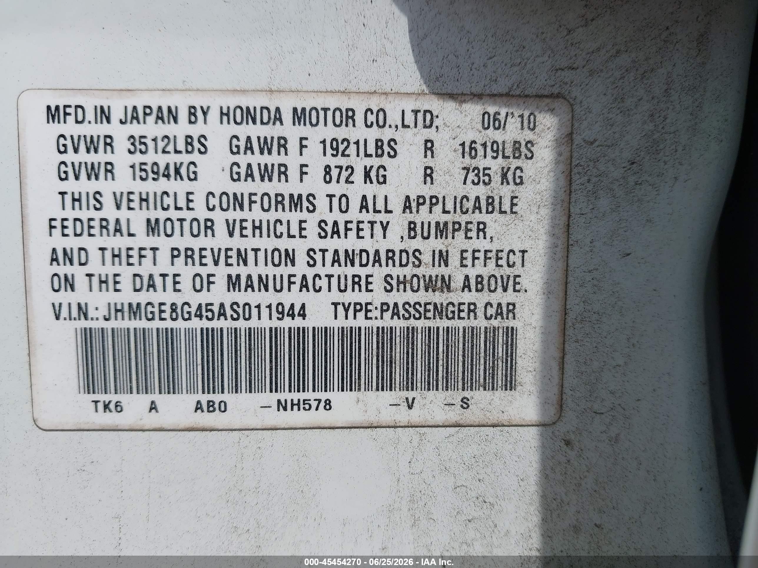 2010 Honda Fit Sport White vin: JHMGE8G45AS011944