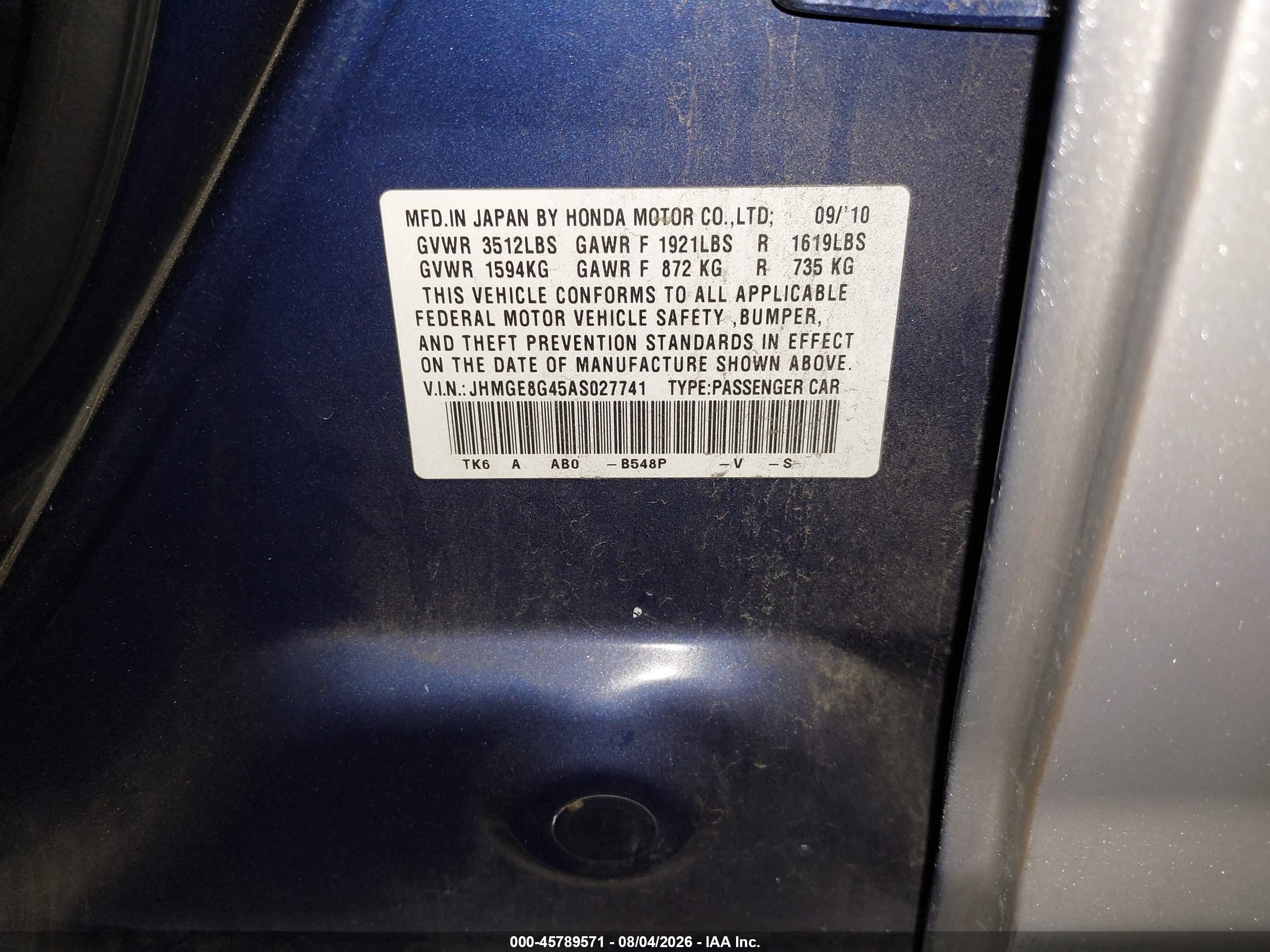 2010 Honda Fit Sport Pewter vin: JHMGE8G45AS027741
