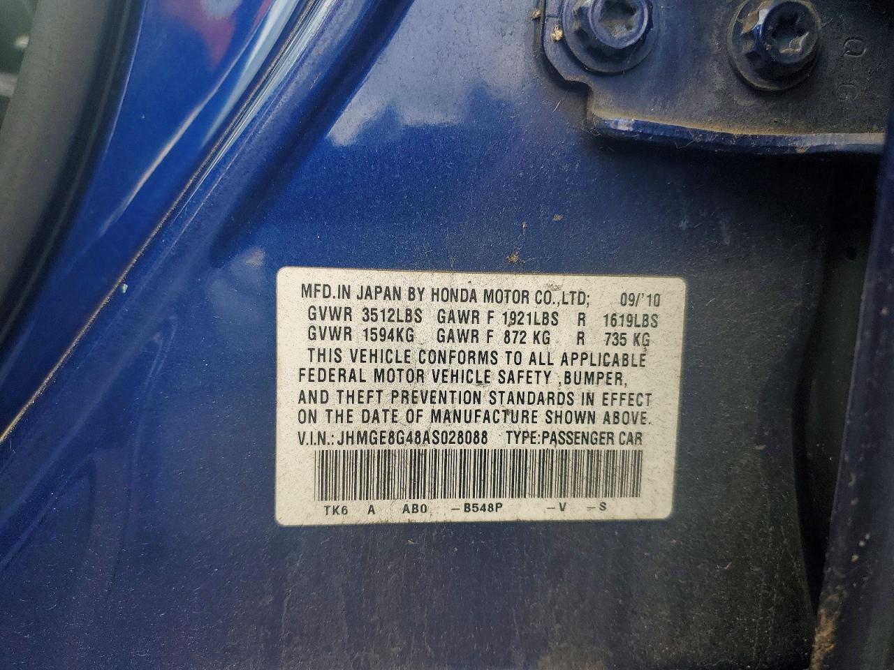 2010 Honda Fit Sport Синий vin: JHMGE8G48AS028088