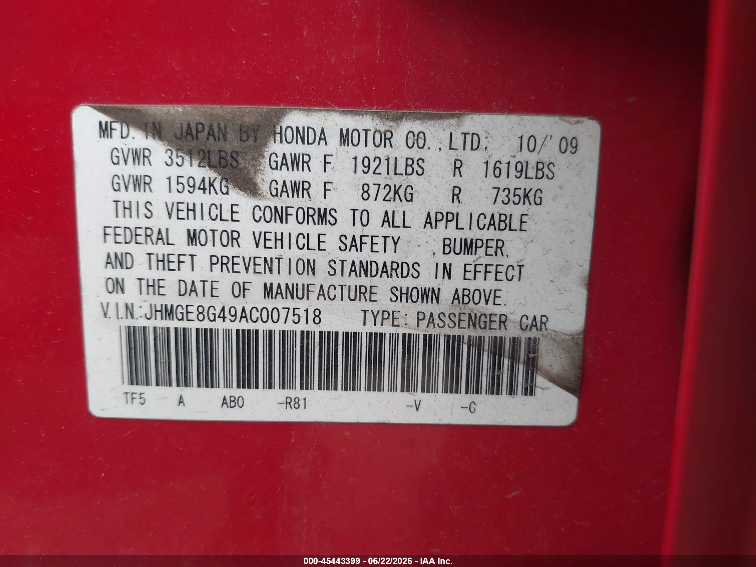 2010 Honda Fit Sport Red vin: JHMGE8G49AC007518