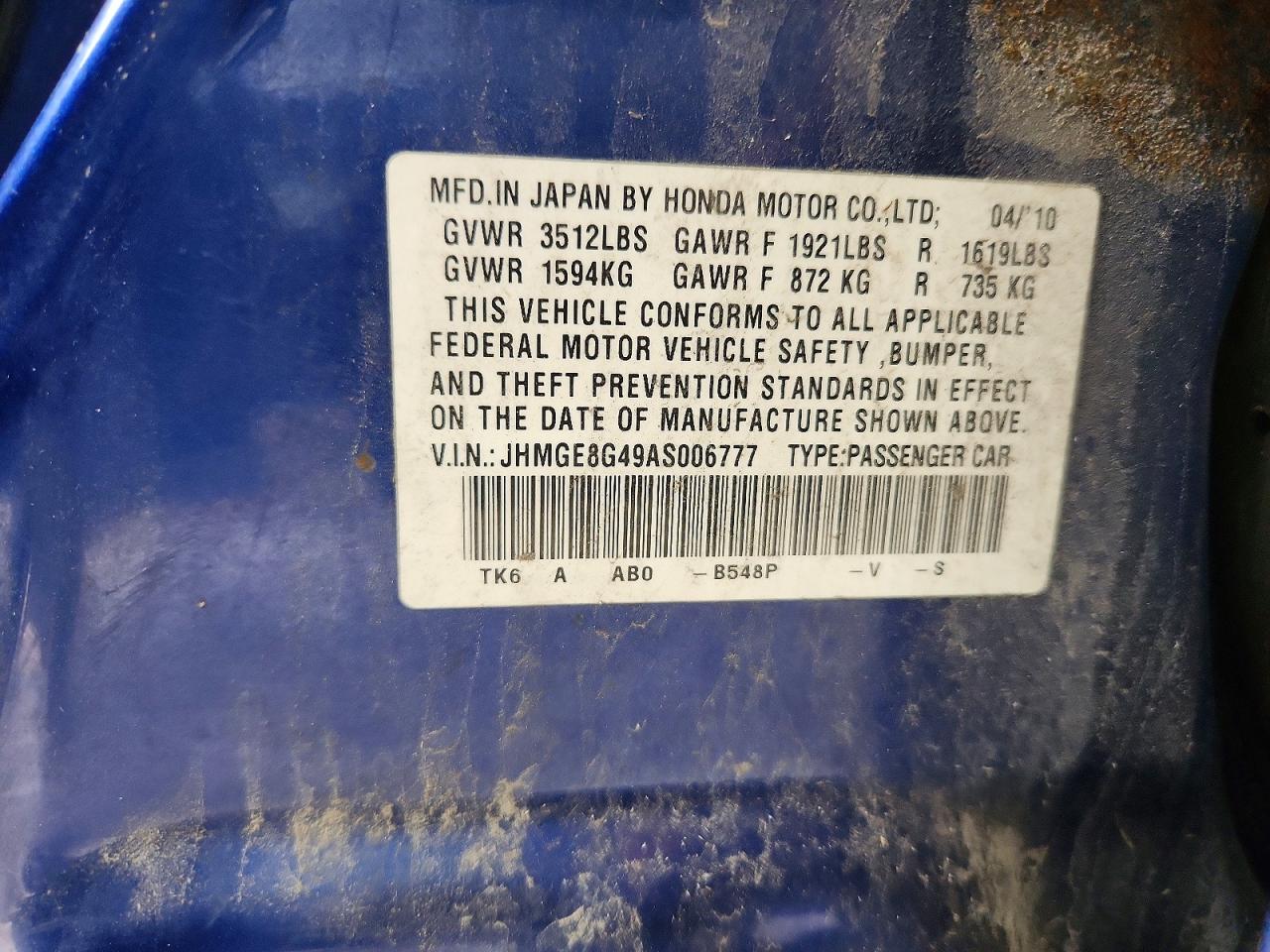 2010 Honda Fit Sport Blue vin: JHMGE8G49AS006777