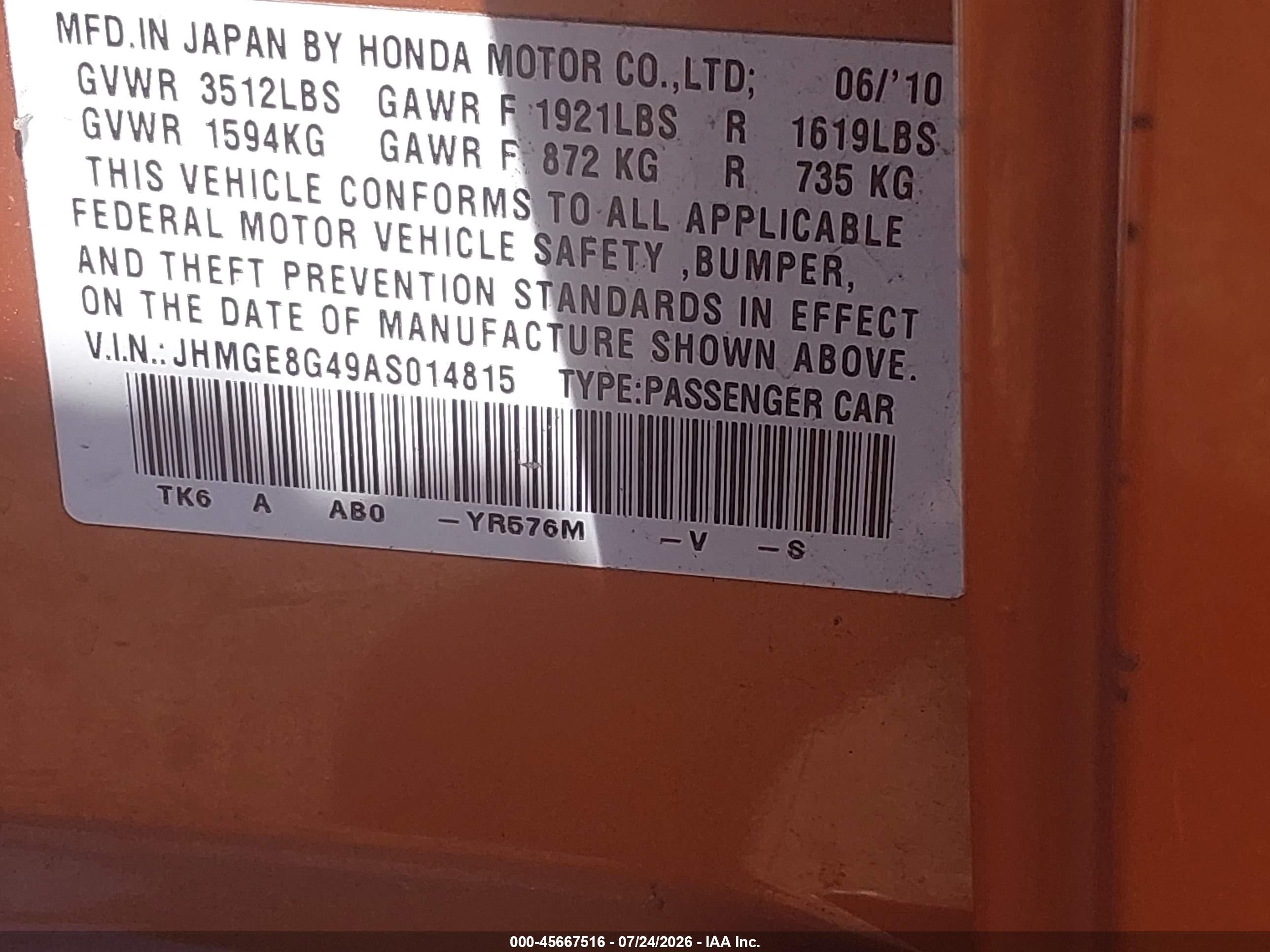 2010 Honda Fit Sport Orange vin: JHMGE8G49AS014815
