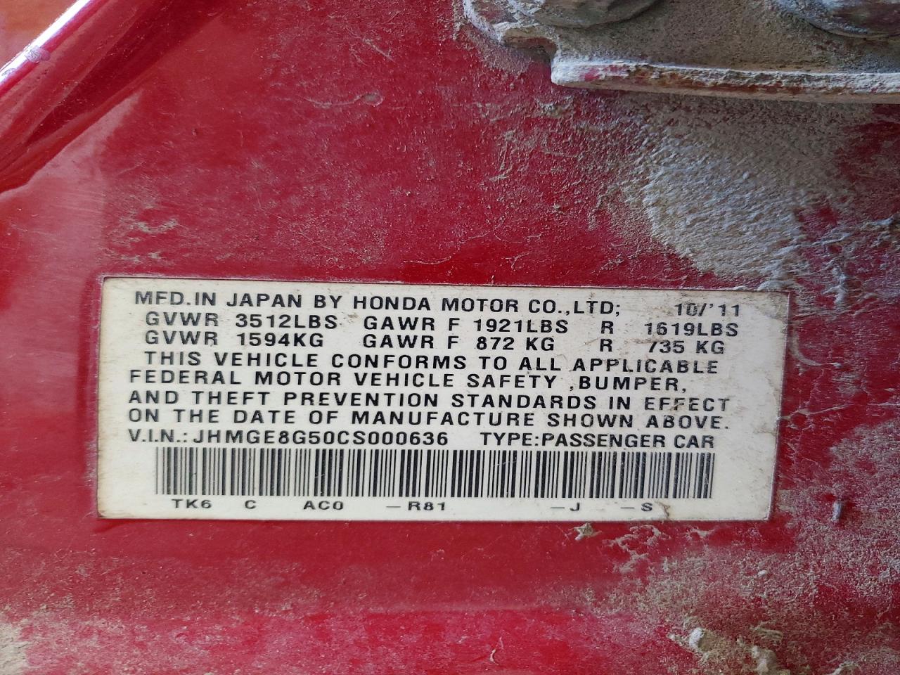 2012 Honda Fit Sport Red vin: JHMGE8G50CS000636