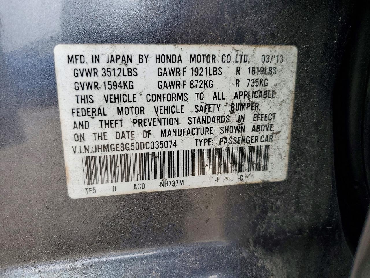 2013 Honda Fit Sport Gray vin: JHMGE8G50DC035074