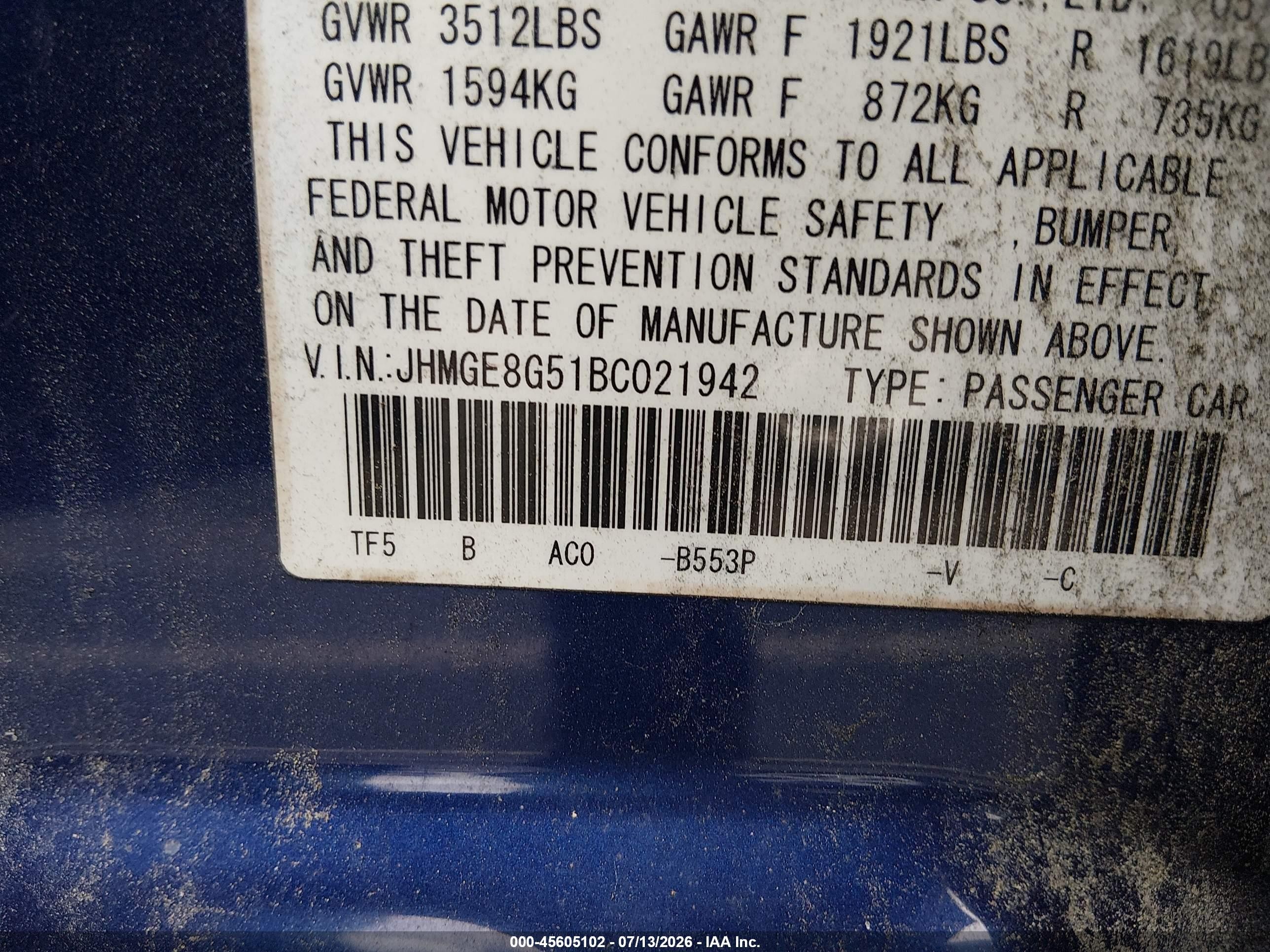 2011 Honda Fit Sport Blue vin: JHMGE8G51BC021942