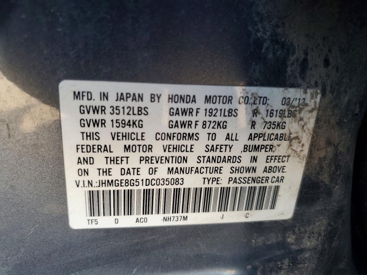 2013 Honda Fit Sport Gray vin: JHMGE8G51DC035083