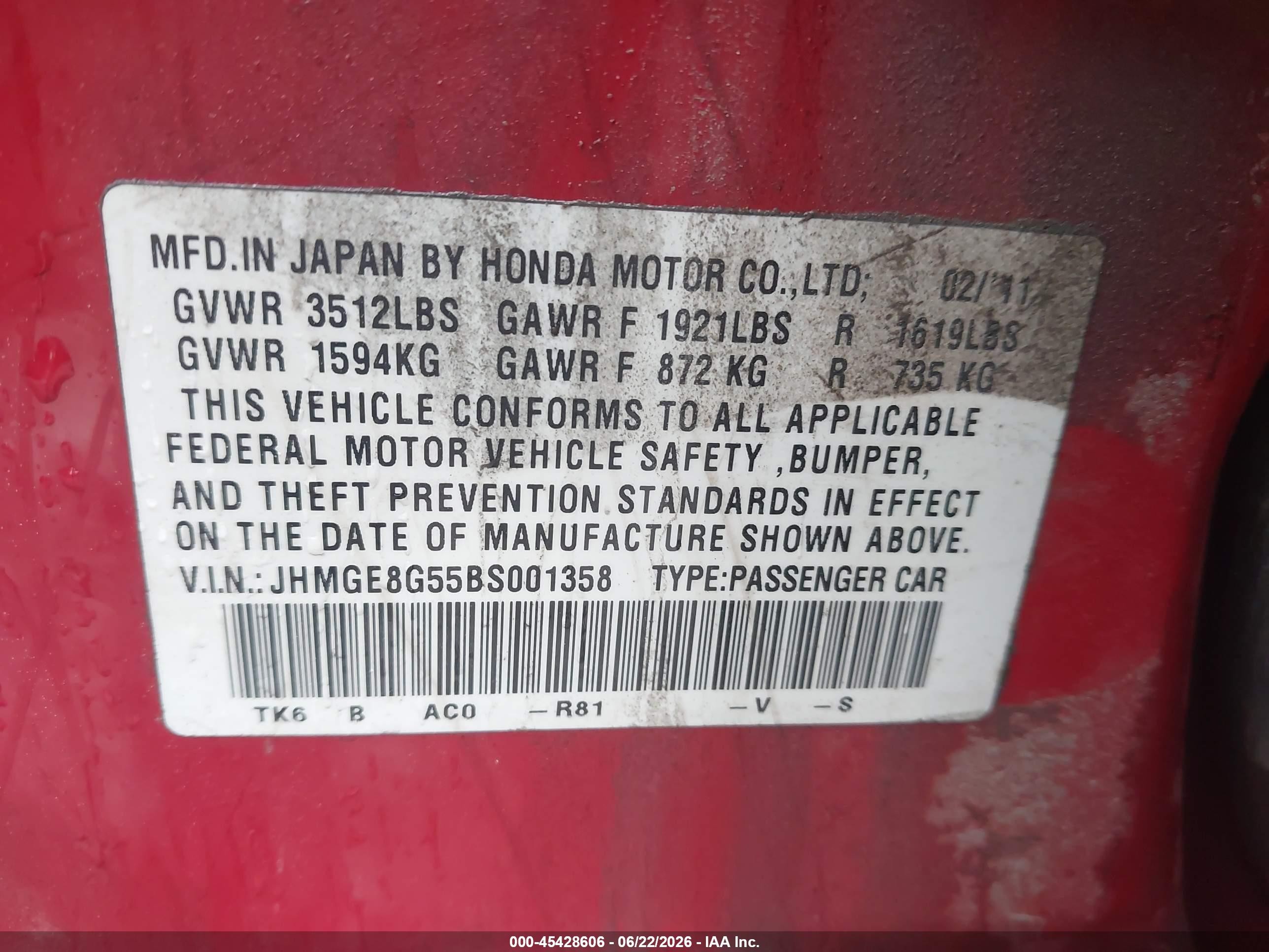 2011 Honda Fit Sport Red vin: JHMGE8G55BS001358