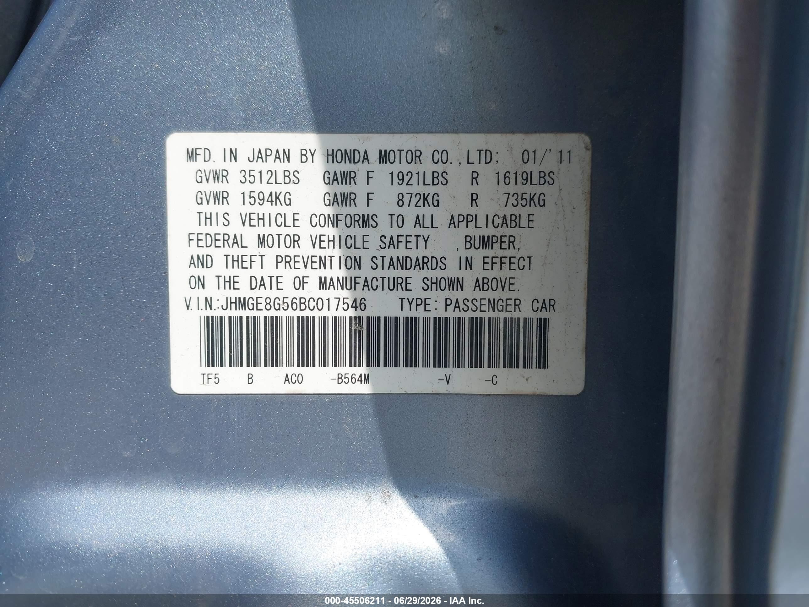 2011 Honda Fit Sport Blue vin: JHMGE8G56BC017546