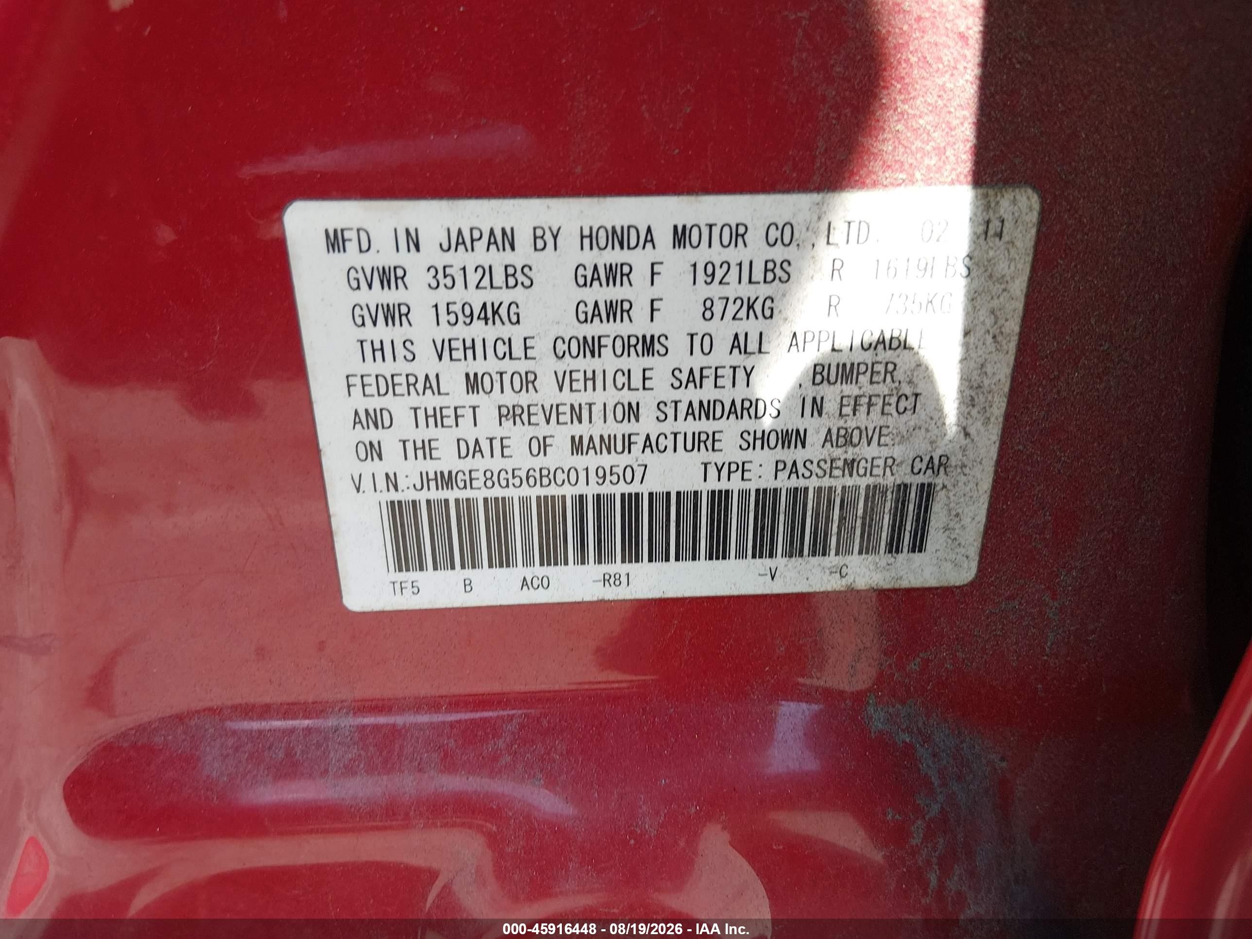 2011 Honda Fit Sport Red vin: JHMGE8G56BC019507