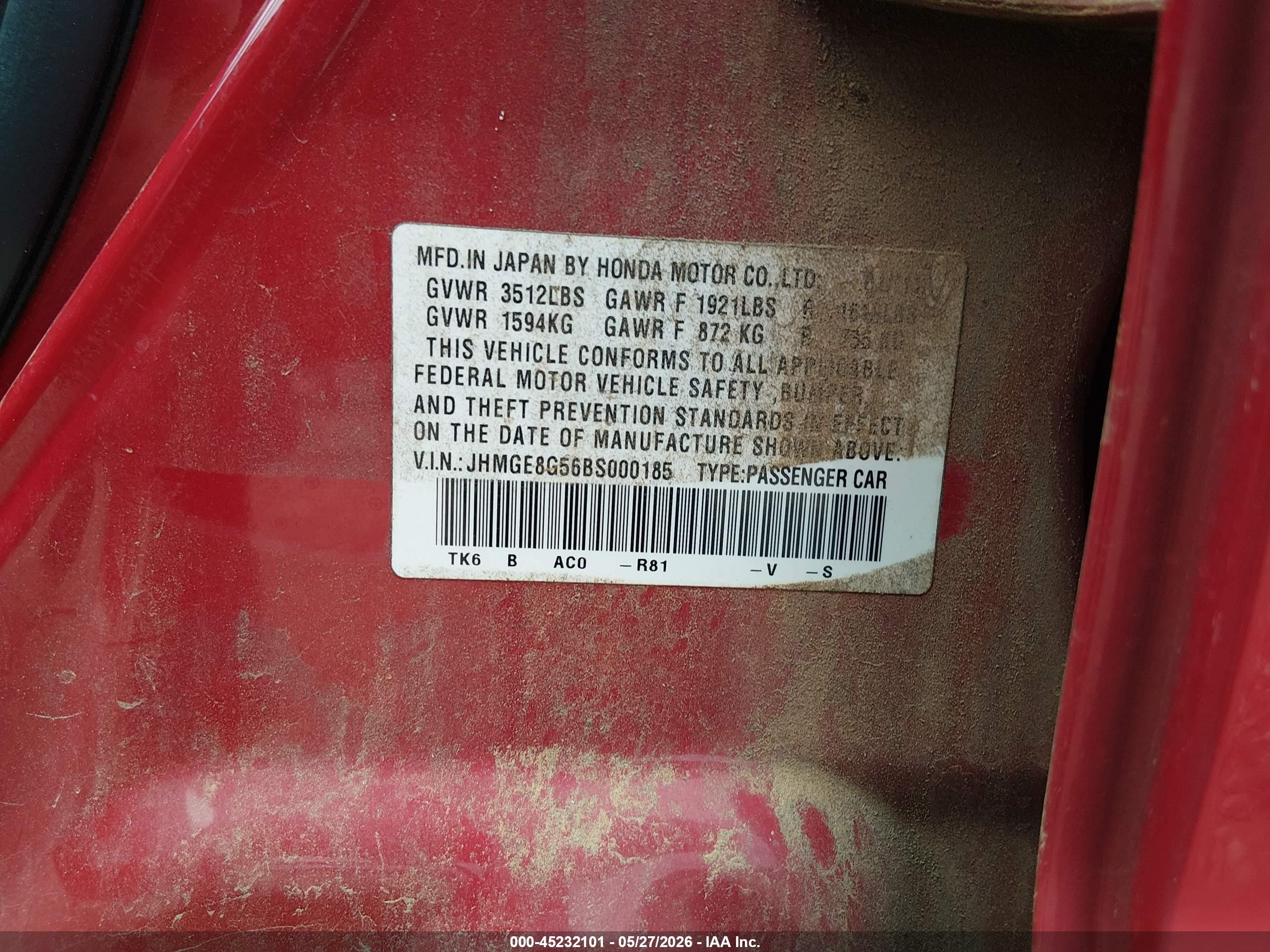 2011 Honda Fit Sport Красный vin: JHMGE8G56BS000185