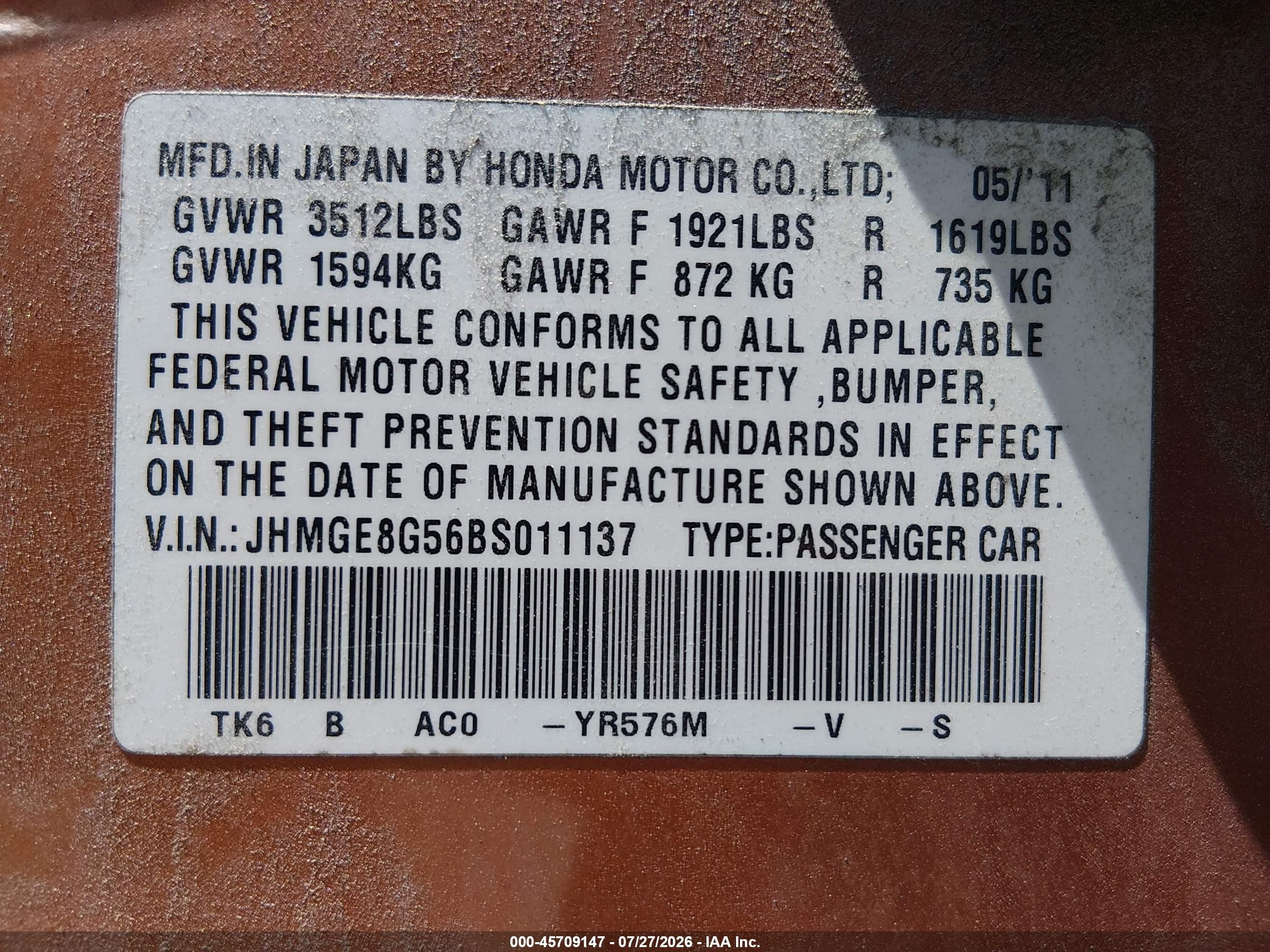 2011 Honda Fit Sport Orange vin: JHMGE8G56BS011137
