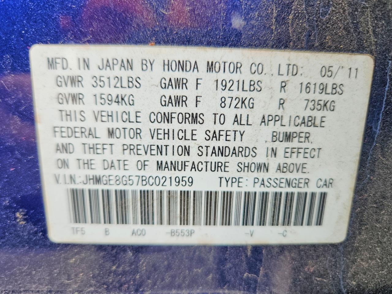 2011 Honda Fit Sport Blue vin: JHMGE8G57BC021959