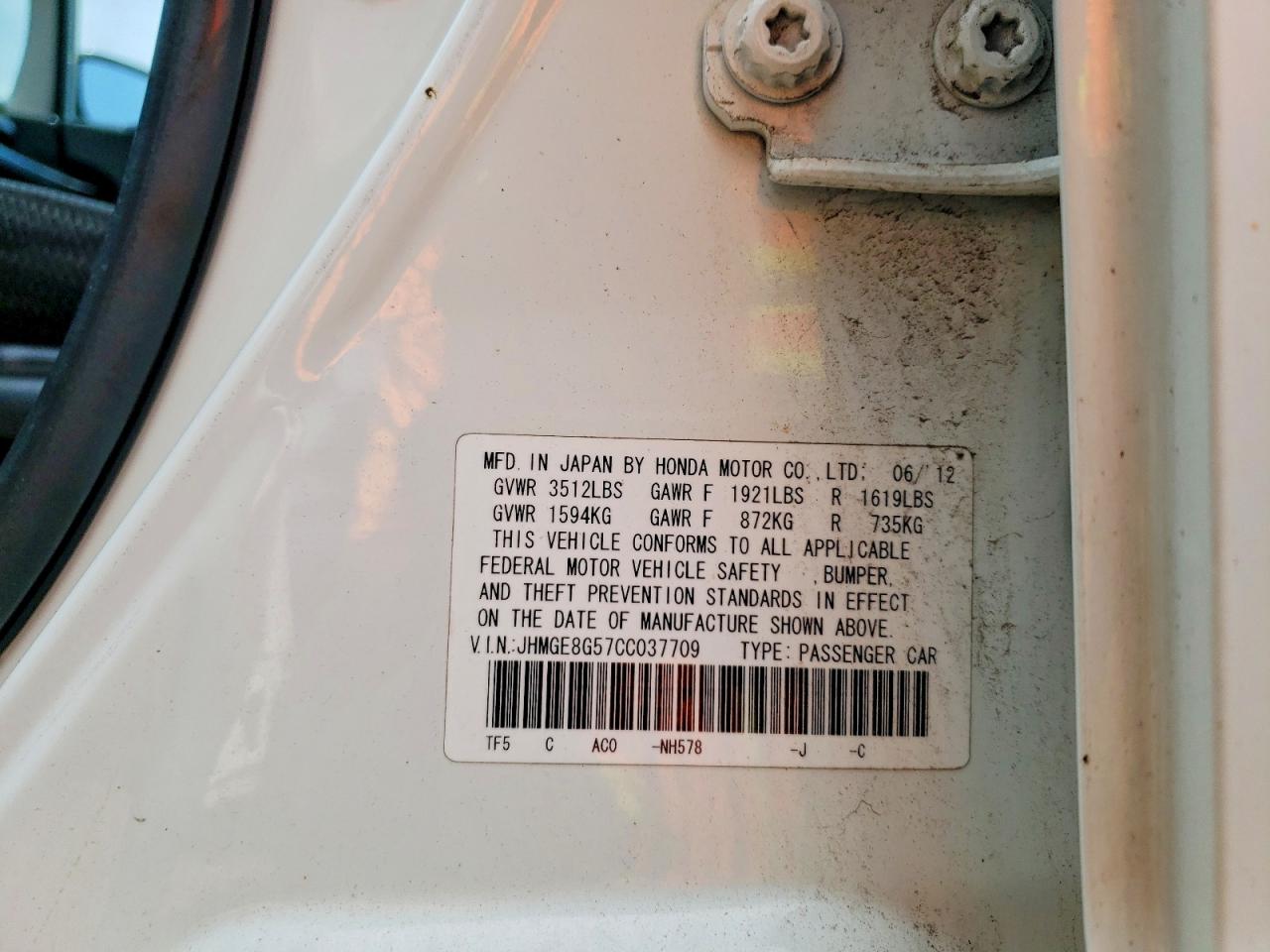 2012 Honda Fit Sport White vin: JHMGE8G57CC037709