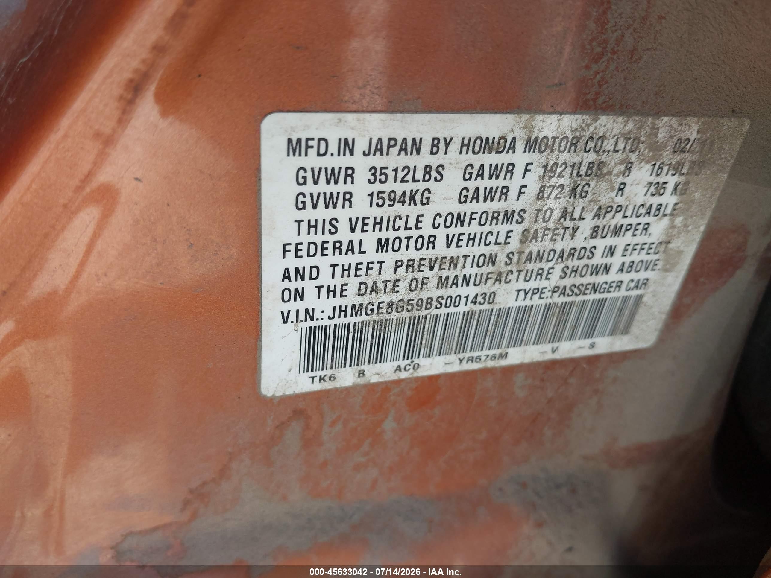 2011 Honda Fit Sport Orange vin: JHMGE8G59BS001430
