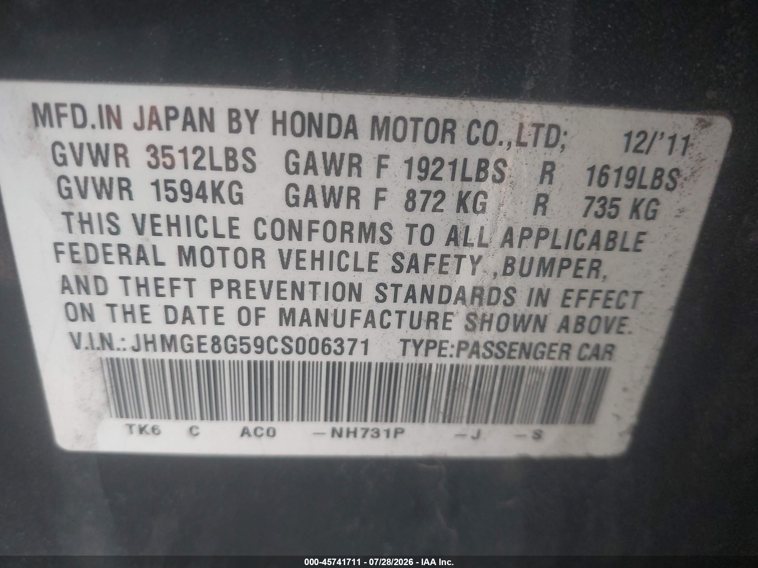 2012 Honda Fit Sport Black vin: JHMGE8G59CS006371