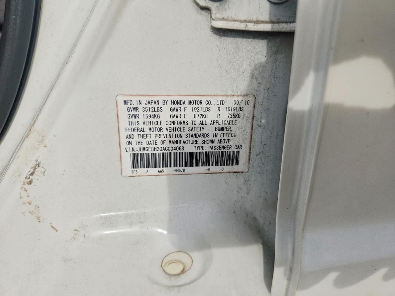 2010 Honda Fit White vin: JHMGE8H20AC034068