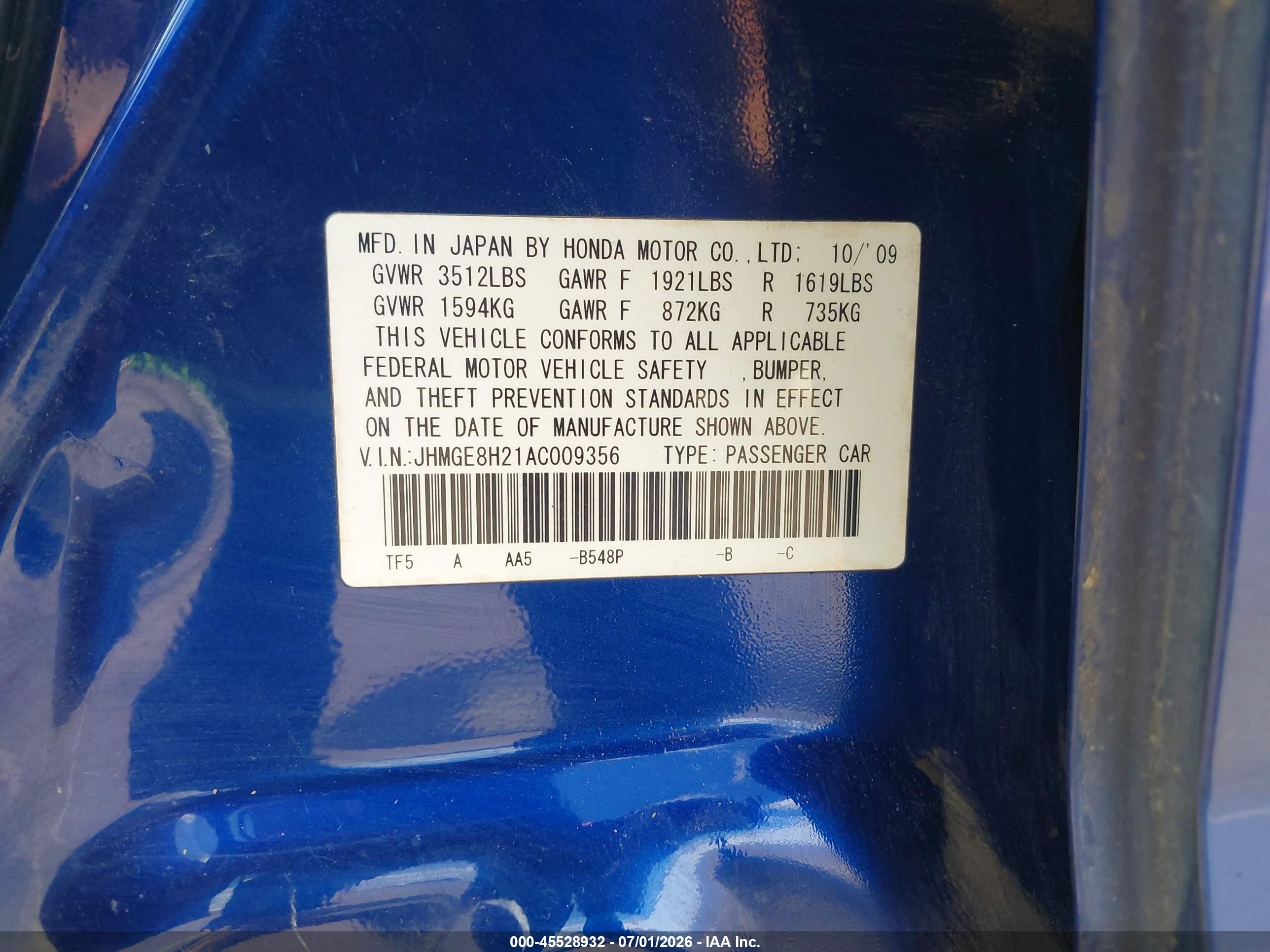 2010 Honda Fit   Blue vin: JHMGE8H21AC009356