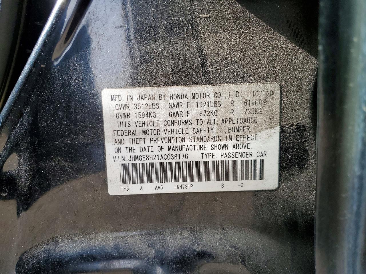 2010 Honda Fit Черный vin: JHMGE8H21AC038176