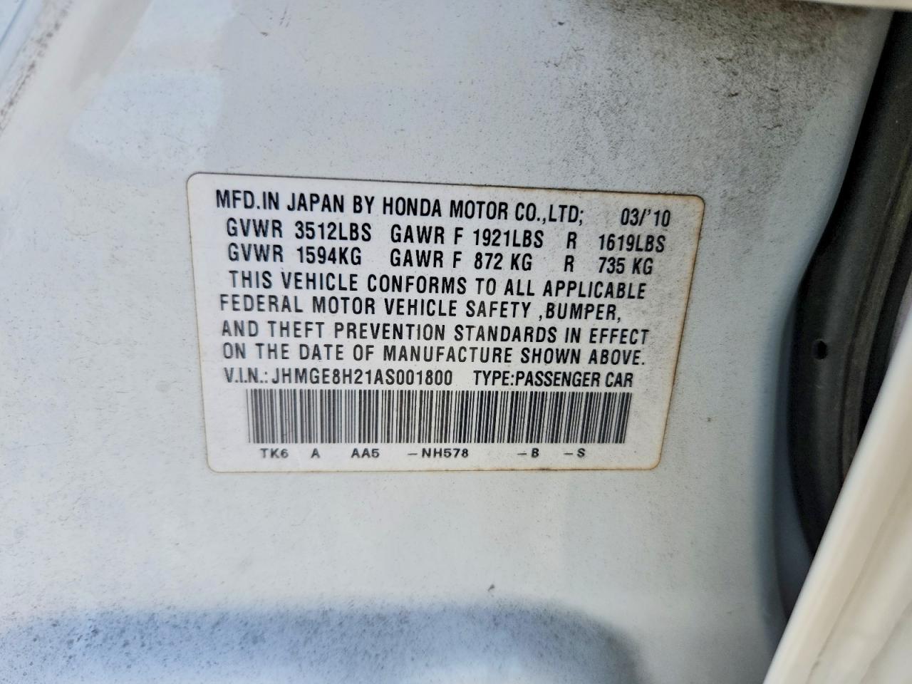 2010 Honda 400hp White vin: JHMGE8H21AS001800