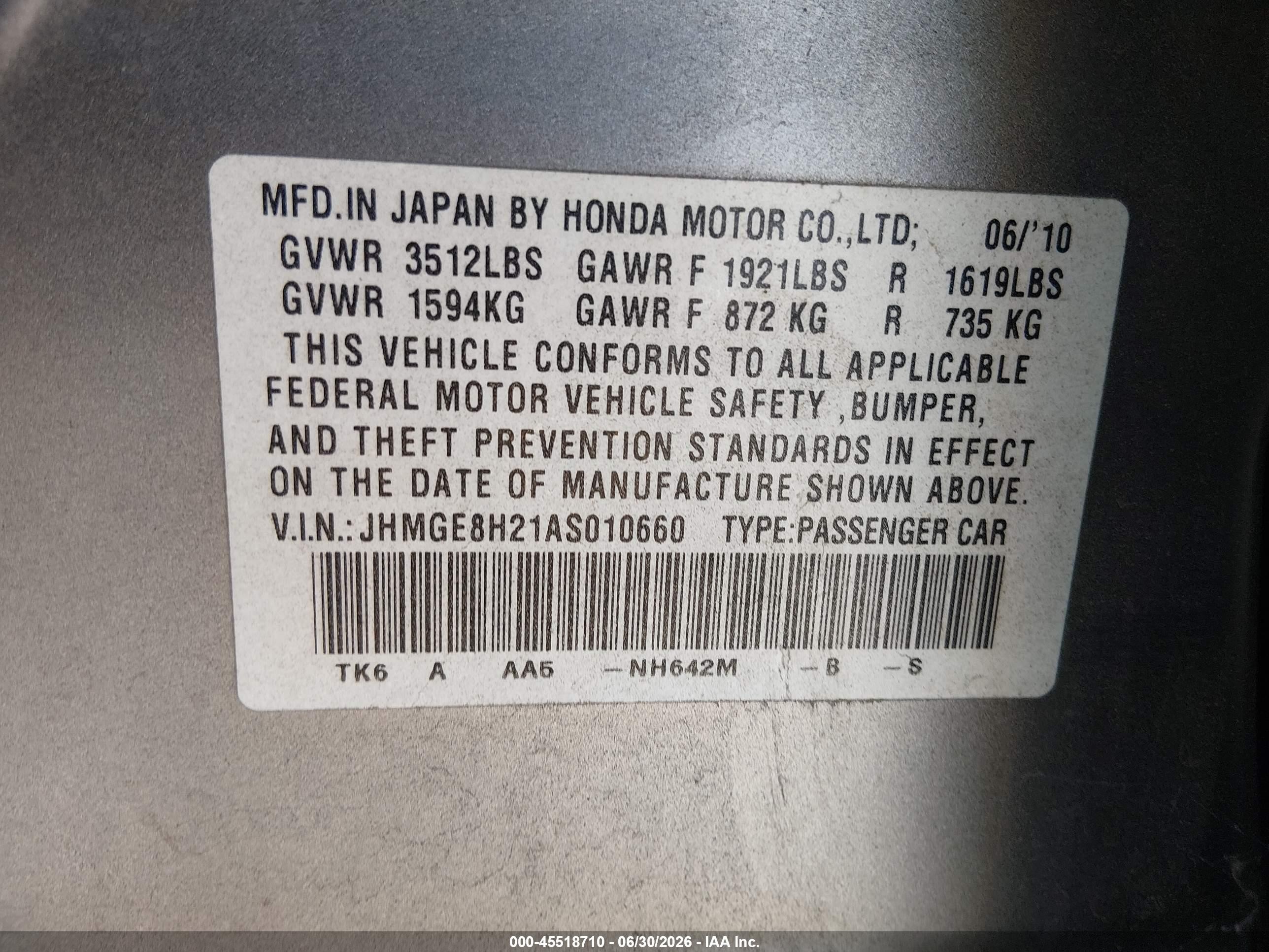2010 Honda Fit   Gray vin: JHMGE8H21AS010660