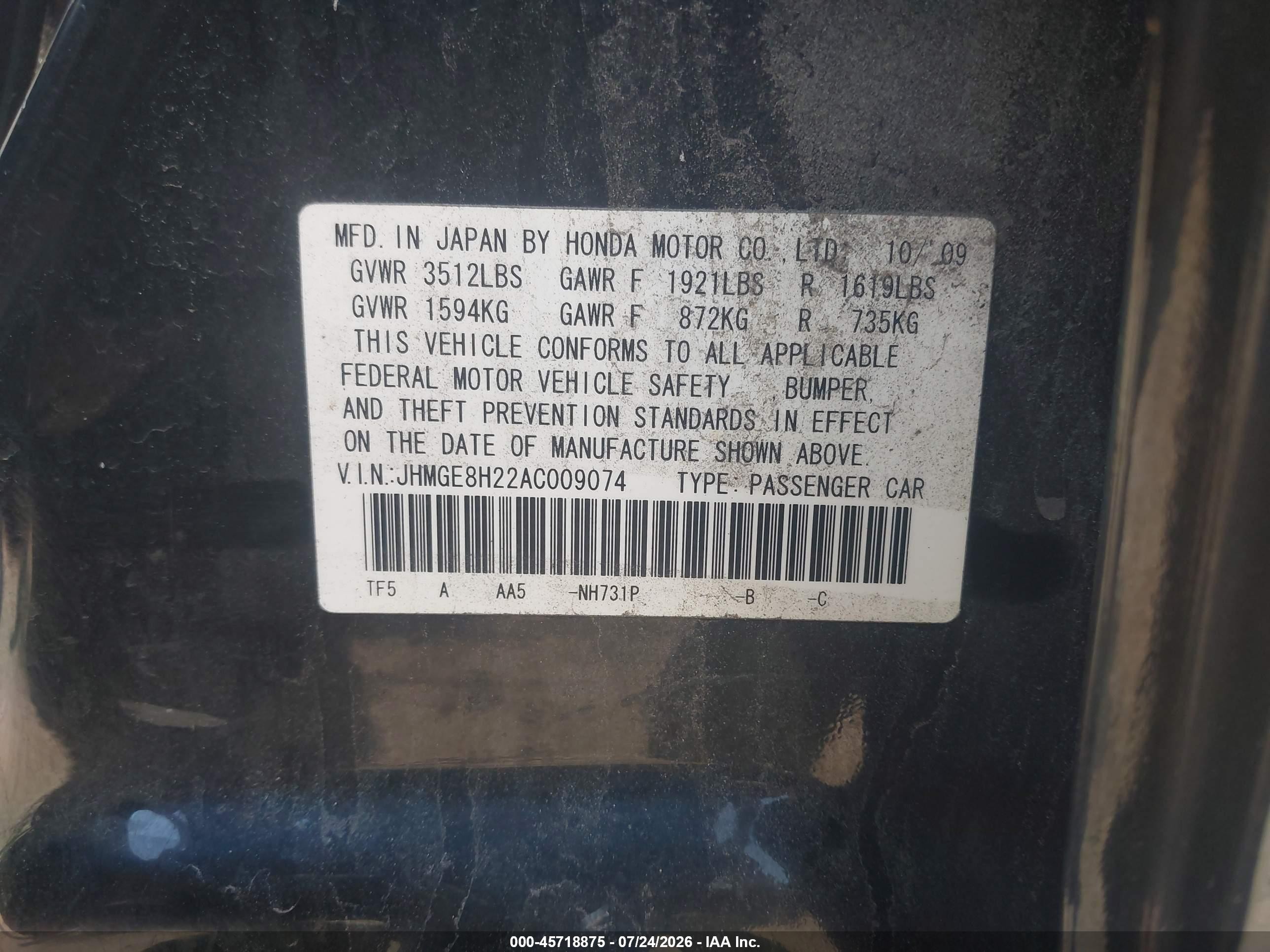 2010 Honda Fit   Black vin: JHMGE8H22AC009074