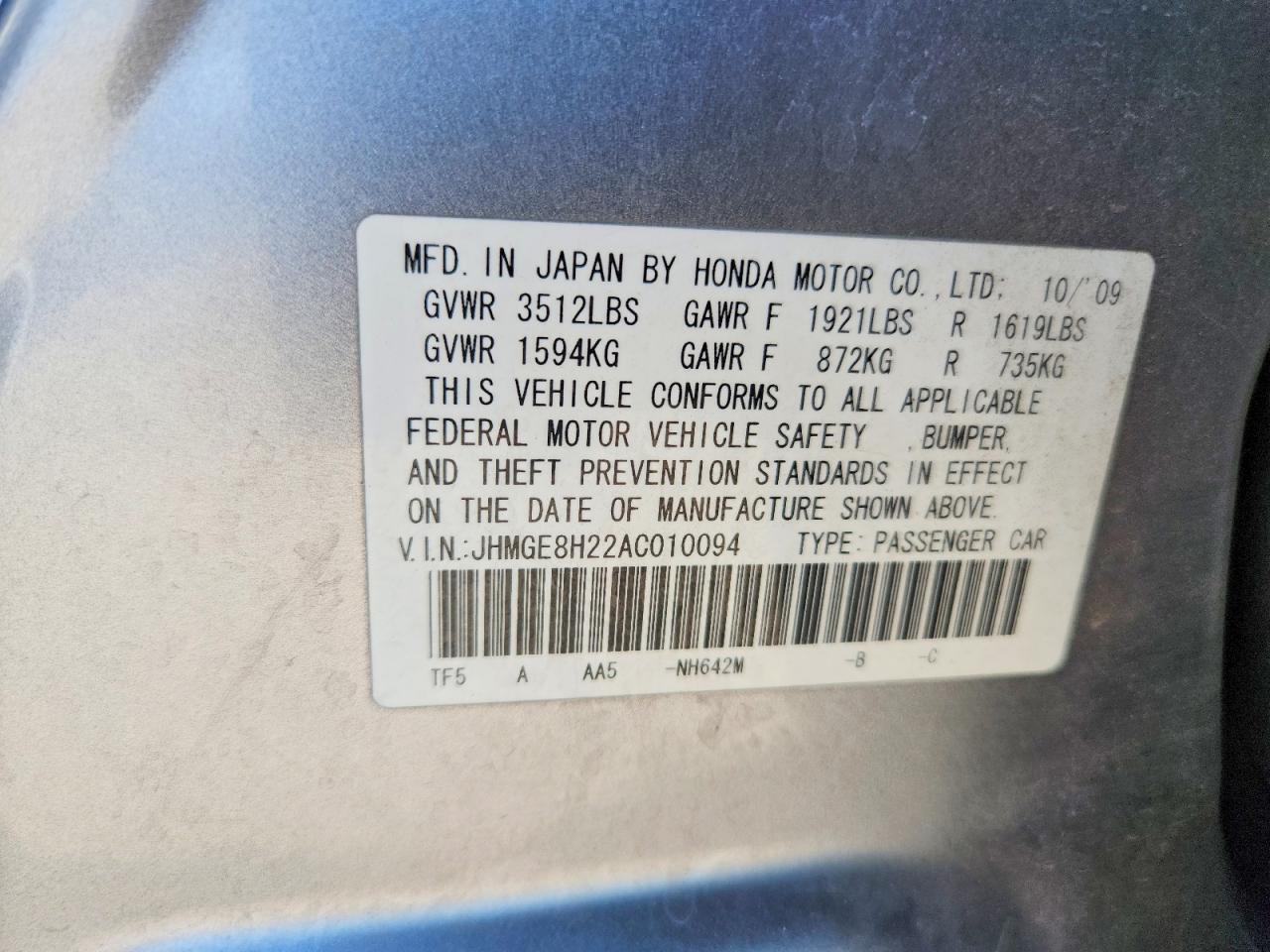 2010 Honda Fit Silver vin: JHMGE8H22AC010094