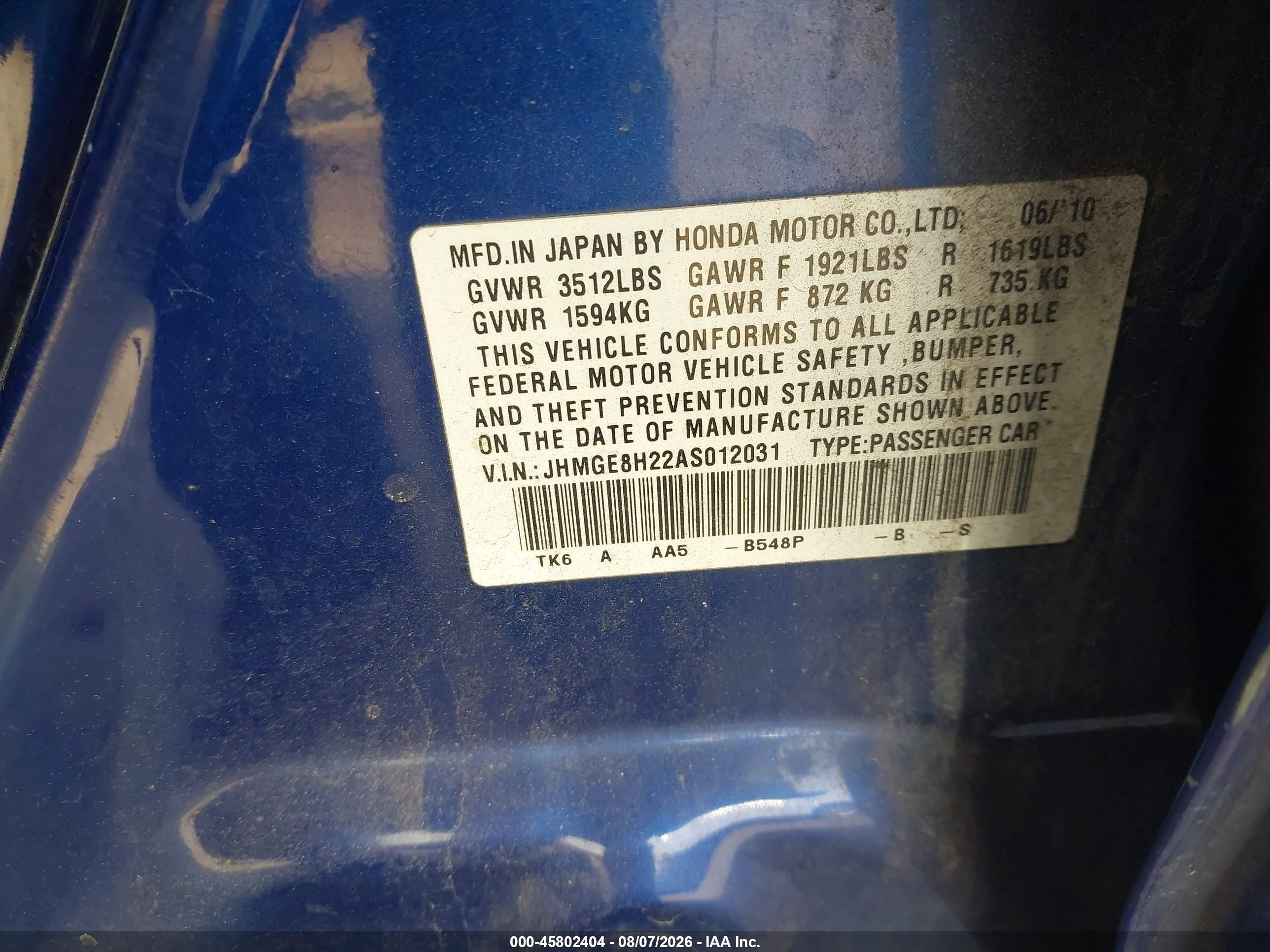 2010 Honda Fit   Dark Blue vin: JHMGE8H22AS012031