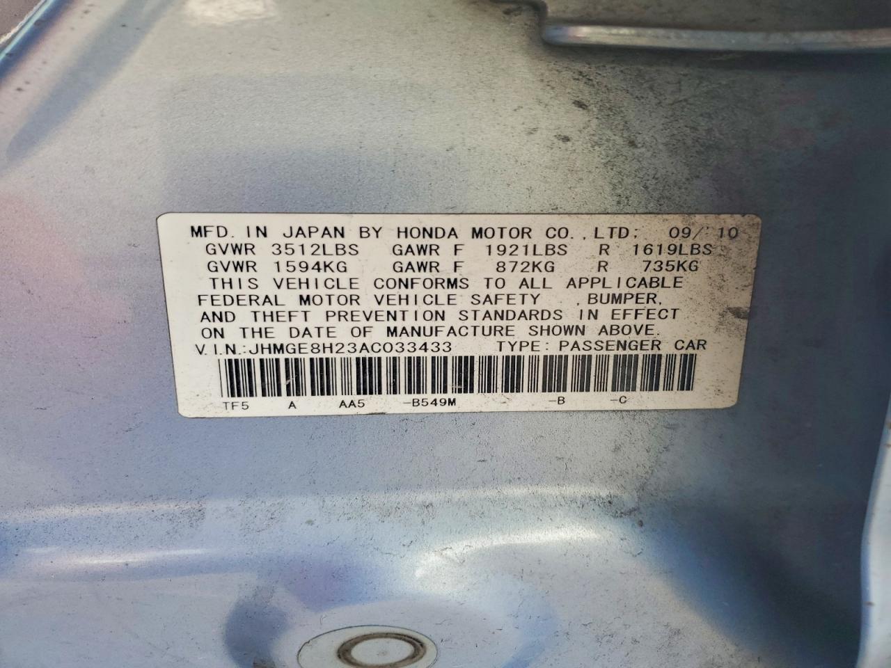 2010 Honda Fit Blue vin: JHMGE8H23AC033433