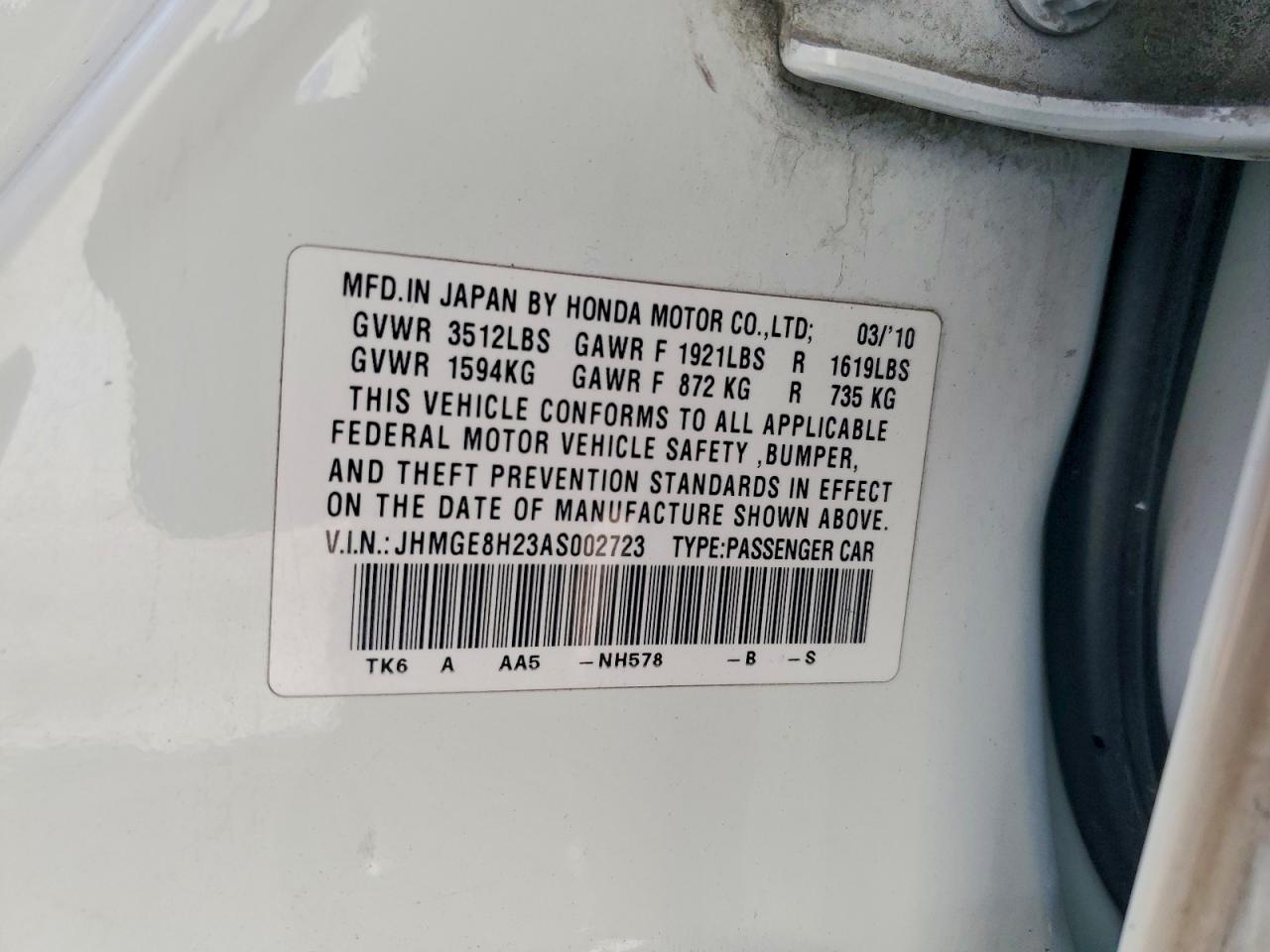 2010 Honda Fit White vin: JHMGE8H23AS002723
