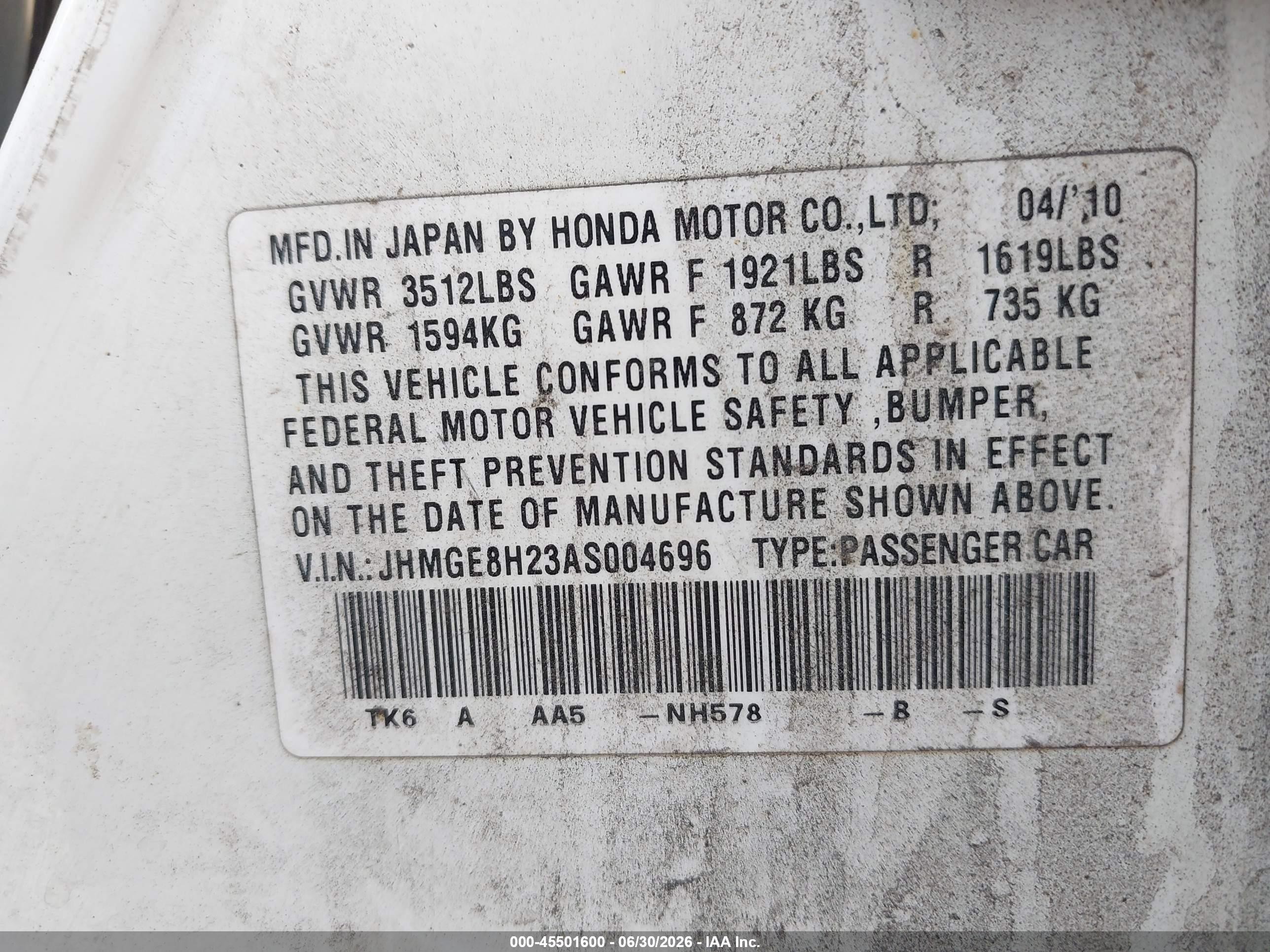 2010 Honda Fit   White vin: JHMGE8H23AS004696