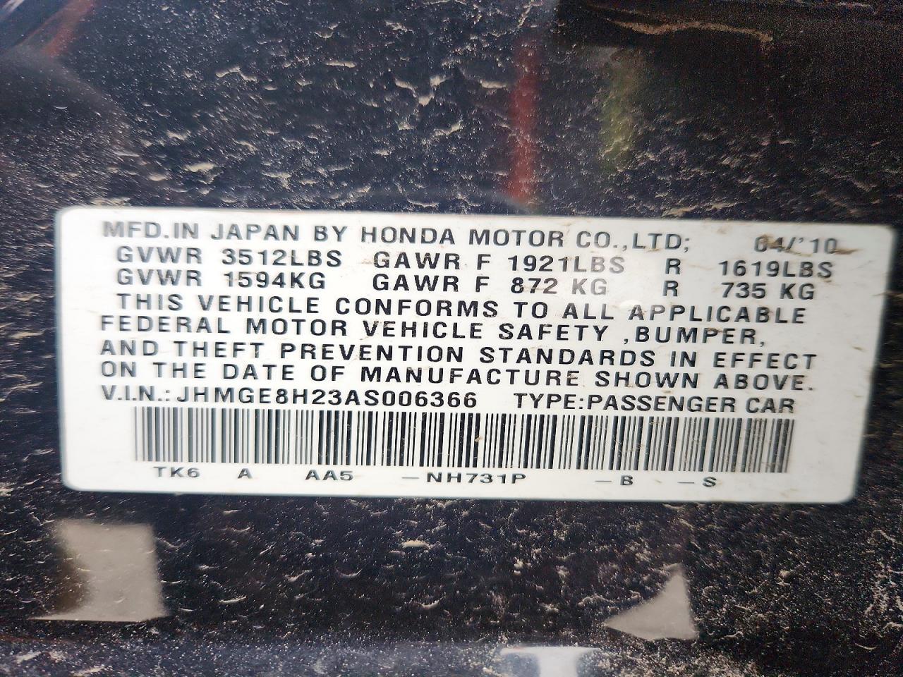 2010 Honda Fit Black vin: JHMGE8H23AS006366