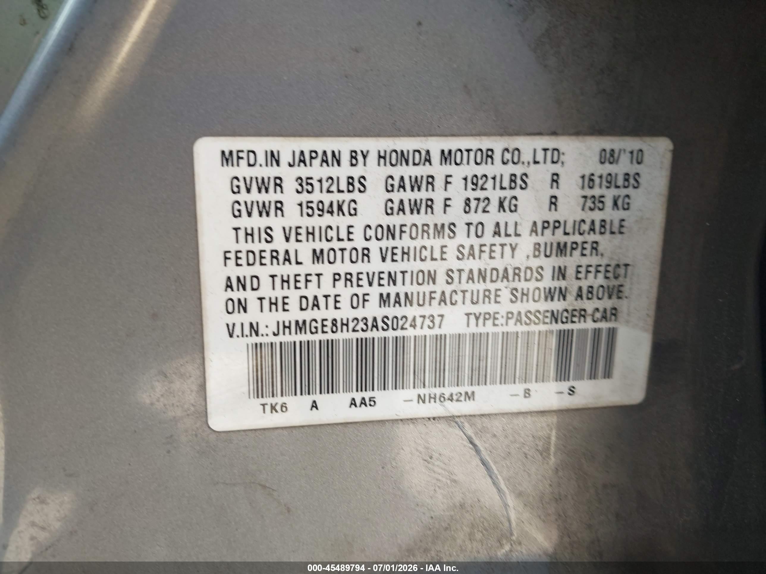 2010 Honda Fit   Silver vin: JHMGE8H23AS024737