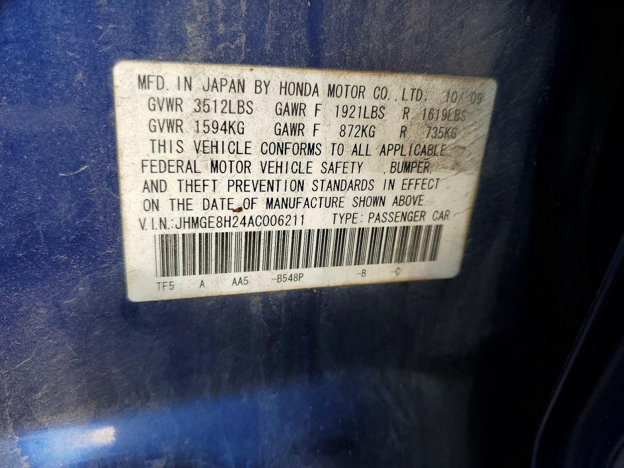 2010 Honda Fit Blue vin: JHMGE8H24AC006211
