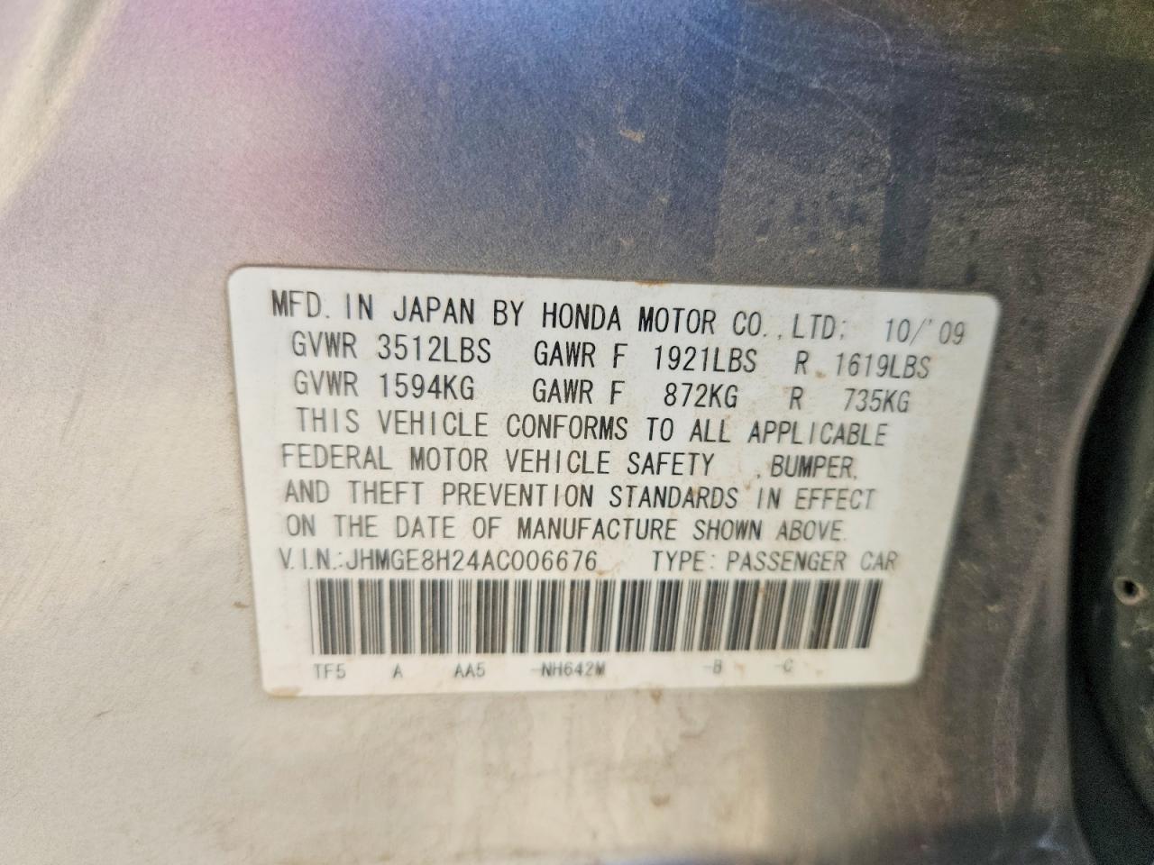 2010 Honda Fit Silver vin: JHMGE8H24AC006676